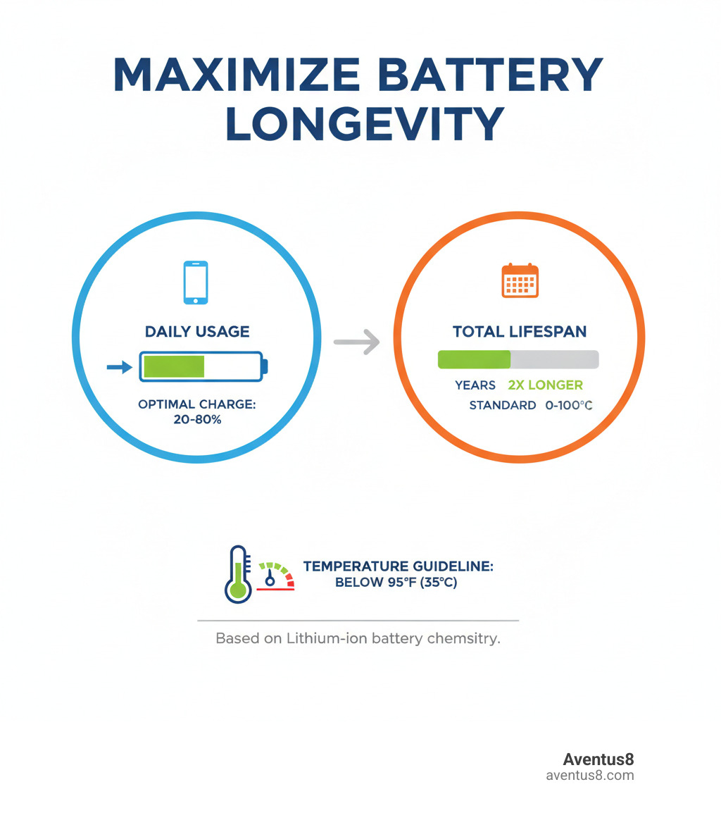 infographic showing battery life daily usage versus battery lifespan total longevity with optimal charging ranges between 20-80 percent and temperature guidelines below 95 degrees fahrenheit - How to prolong battery infographic 
