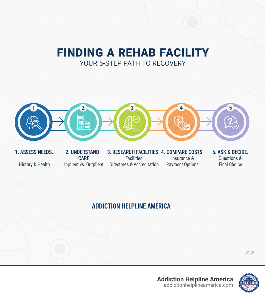 infographic showing the rehab search process: Step 1 - Assess your needs and substance use history, Step 2 - Understand levels of care like inpatient vs outpatient, Step 3 - Research facilities using directories and check accreditations, Step 4 - Compare costs and verify insurance coverage, Step 5 - Ask questions and make your decision - how to find a rehab facility infographic infographic showing the rehab search process: Step 1 - Assess your needs and substance use history, Step 2 - Understand levels of care like inpatient vs outpatient, Step 3 - Research facilities using directories and check accreditations, Step 4 - Compare costs and verify insurance coverage, Step 5 - Ask questions and make your decision - how to find a rehab facility infographic