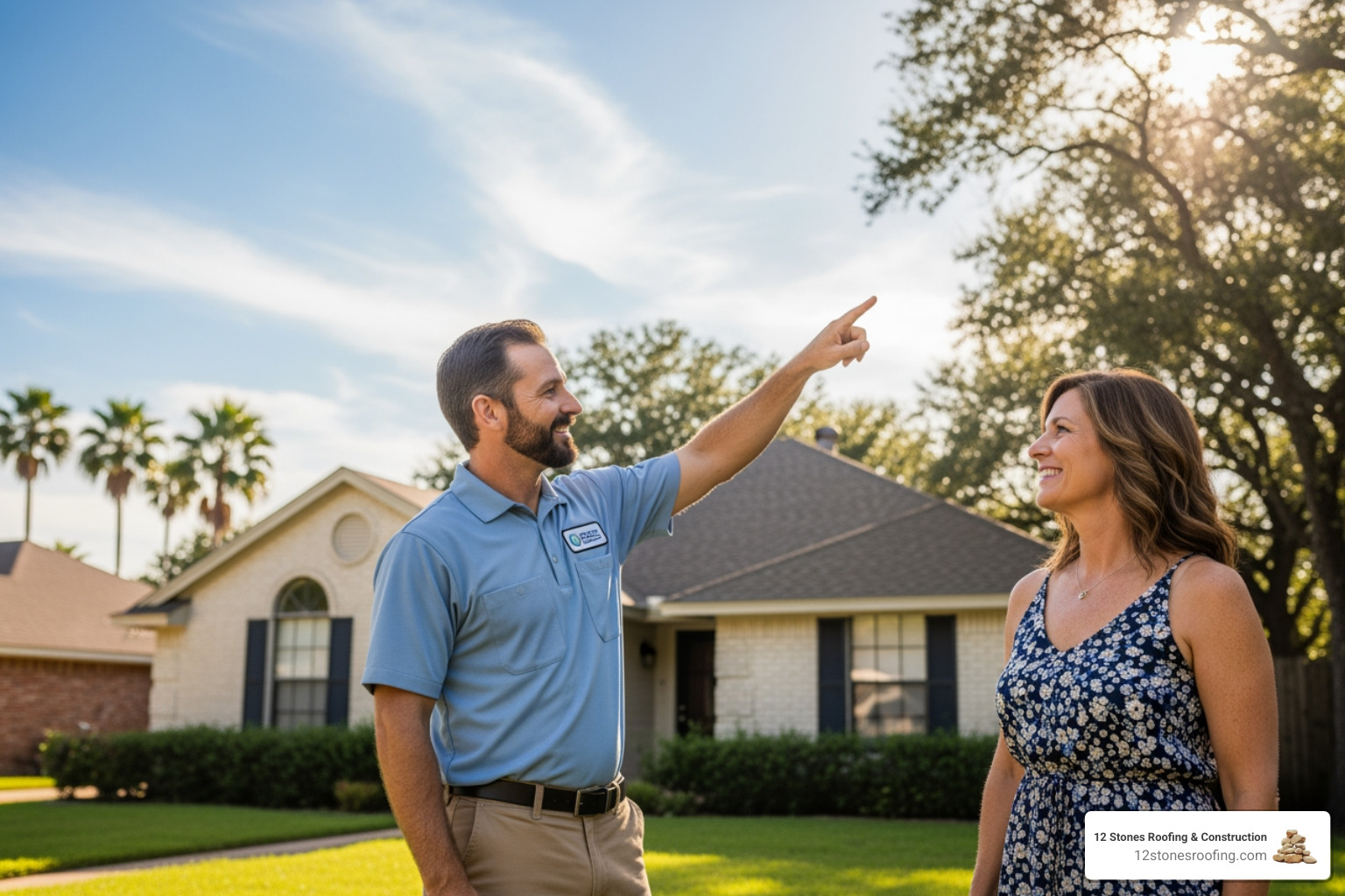 Local roofing professional consulting with a Pasadena homeowner - roofing contractors pasadena tx Local roofing professional consulting with a Pasadena homeowner - roofing contractors pasadena tx