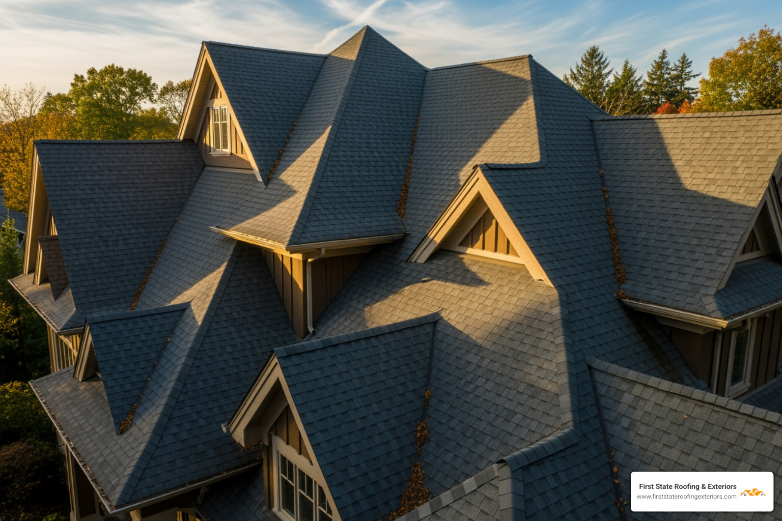 complex roof with multiple gables and a steep pitch - Asphalt roof replacement
