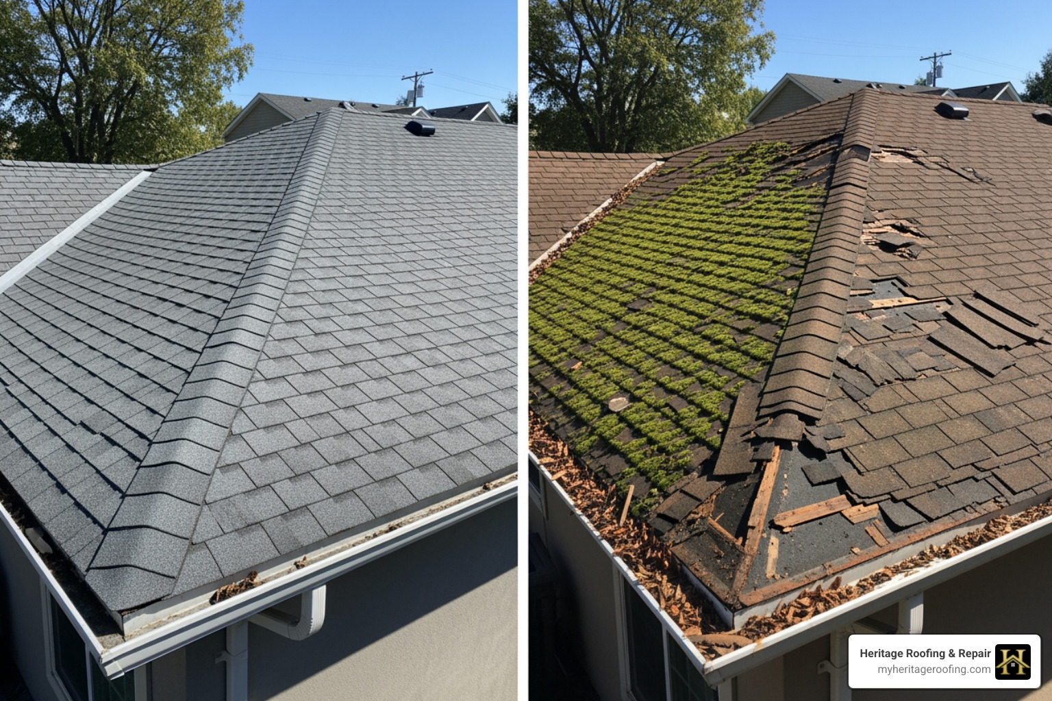 Side-by-side: well-maintained roof vs. neglected roof. - why do insurance companies deny roof claims