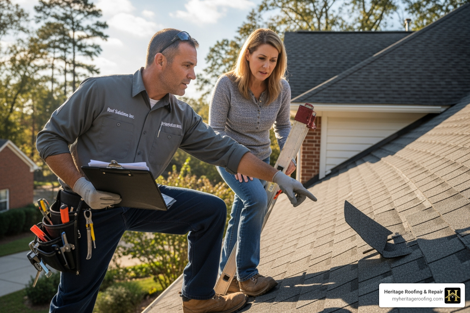 Professional roofer inspecting a roof, pointing to damage, with a homeowner watching. - why do insurance companies deny roof claims