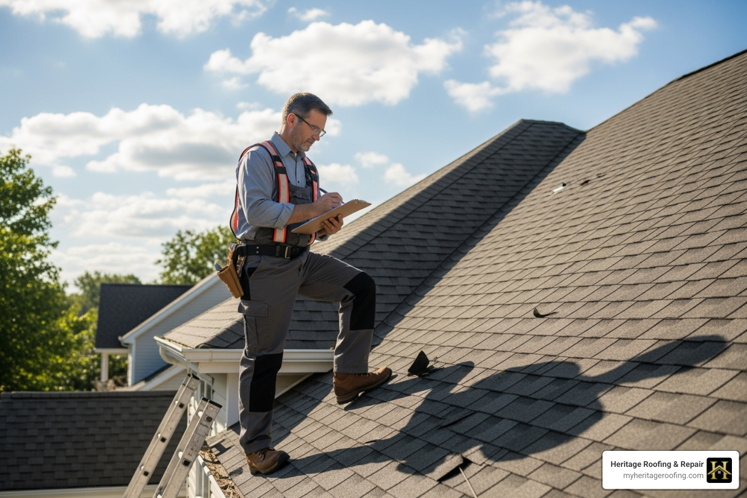Insurance adjuster inspecting a roof with clipboard; callouts: Wear and tear, Policy exclusions, Pre-existing damage, Improper installation, Manufacturer defects, Late filing, Failure to mitigate, Storm damage vs. age, Partial damage vs. full replacement. - why do insurance companies deny roof claims
