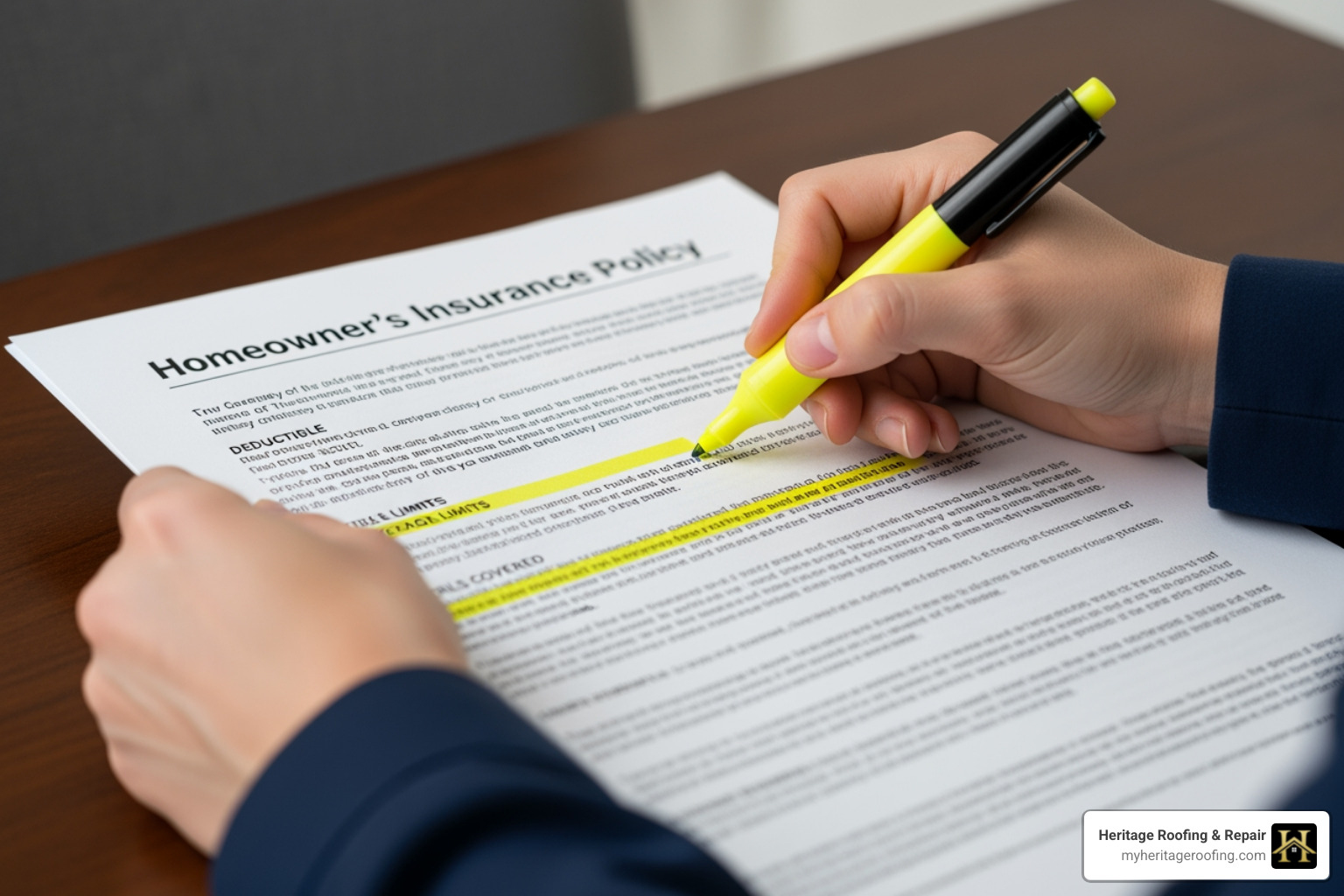 Person highlighting key terms in an insurance policy document: ACV, RCV, deductibles, coverage limits, cosmetic vs. structural damage. - why do insurance companies deny roof claims