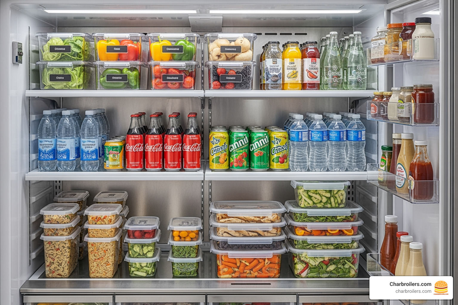 A well-organized commercial fridge interior using clear bins and containers for produce, drinks, and leftovers - commercial fridge for home
