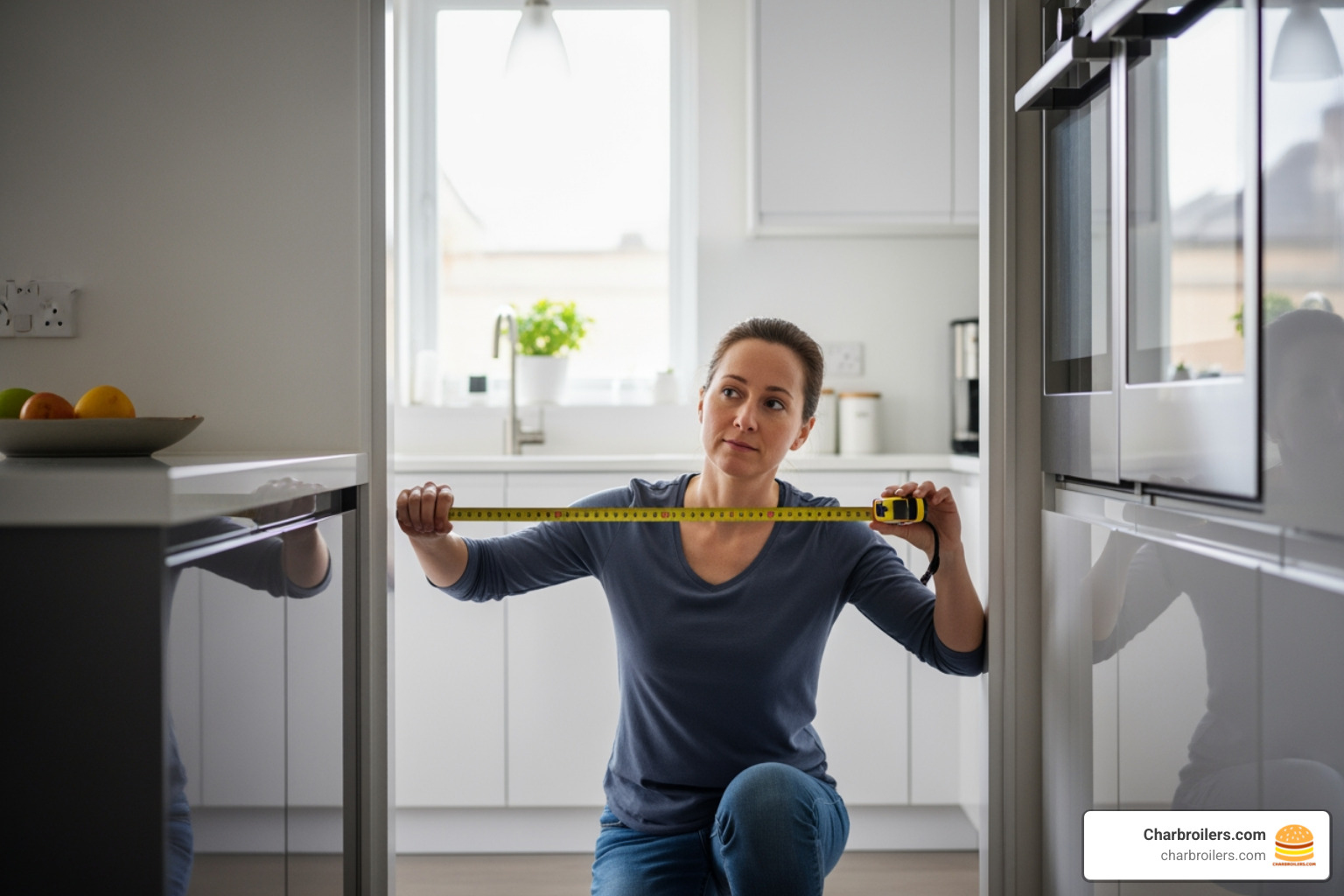A person using a tape measure in a kitchen, planning the space for a large appliance - commercial fridge for home