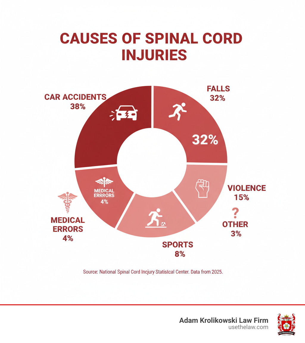 infographic showing causes of spinal cord injuries with percentages: car accidents 38%, falls 32%, violence 15%, sports 8%, medical errors 4%, other 3% - spinal cord injury attorney infographic infographic showing causes of spinal cord injuries with percentages: car accidents 38%, falls 32%, violence 15%, sports 8%, medical errors 4%, other 3% - spinal cord injury attorney infographic