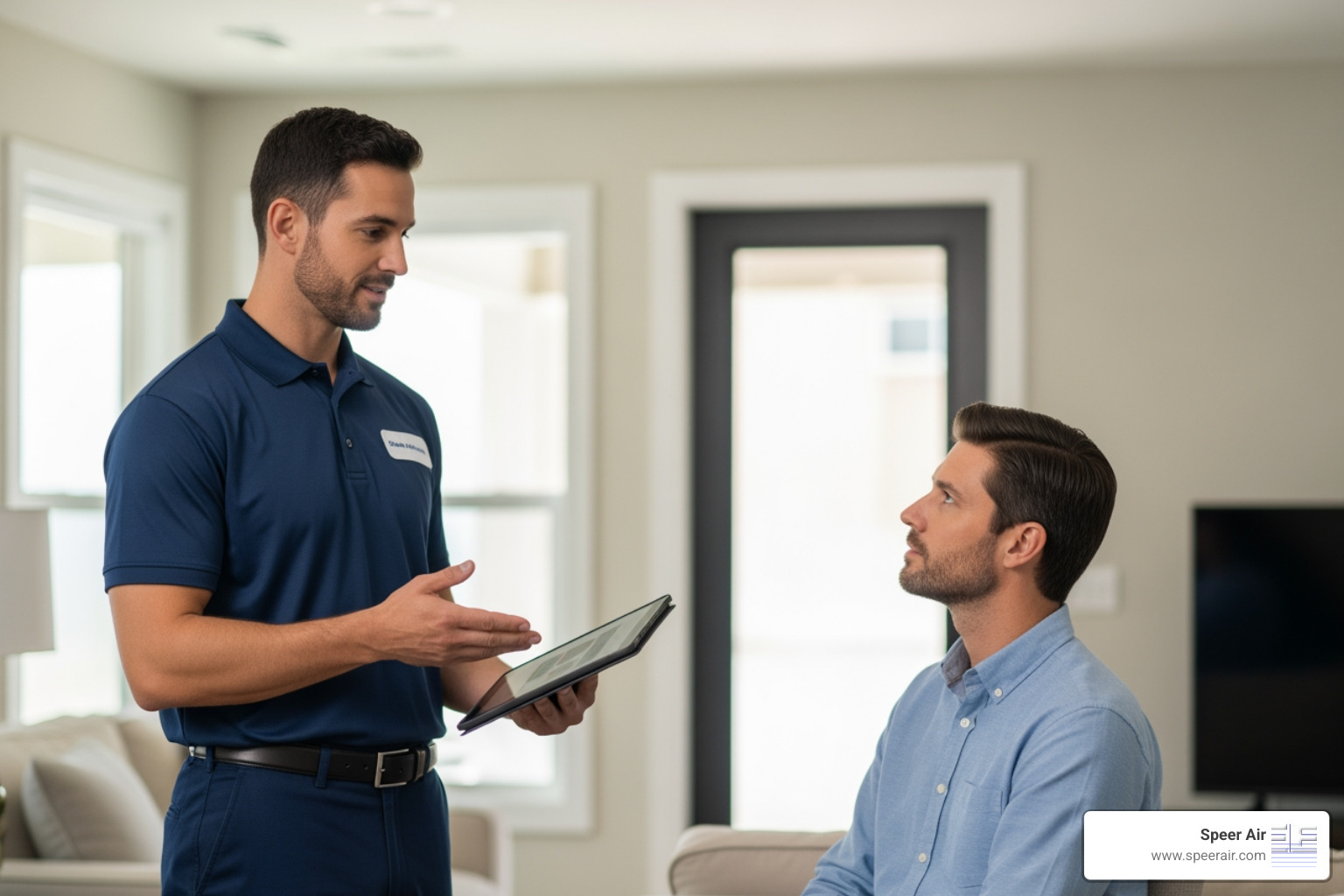 HVAC technician discussing options with homeowner - hvac upgrade service morris county HVAC technician discussing options with homeowner - hvac upgrade service morris county
