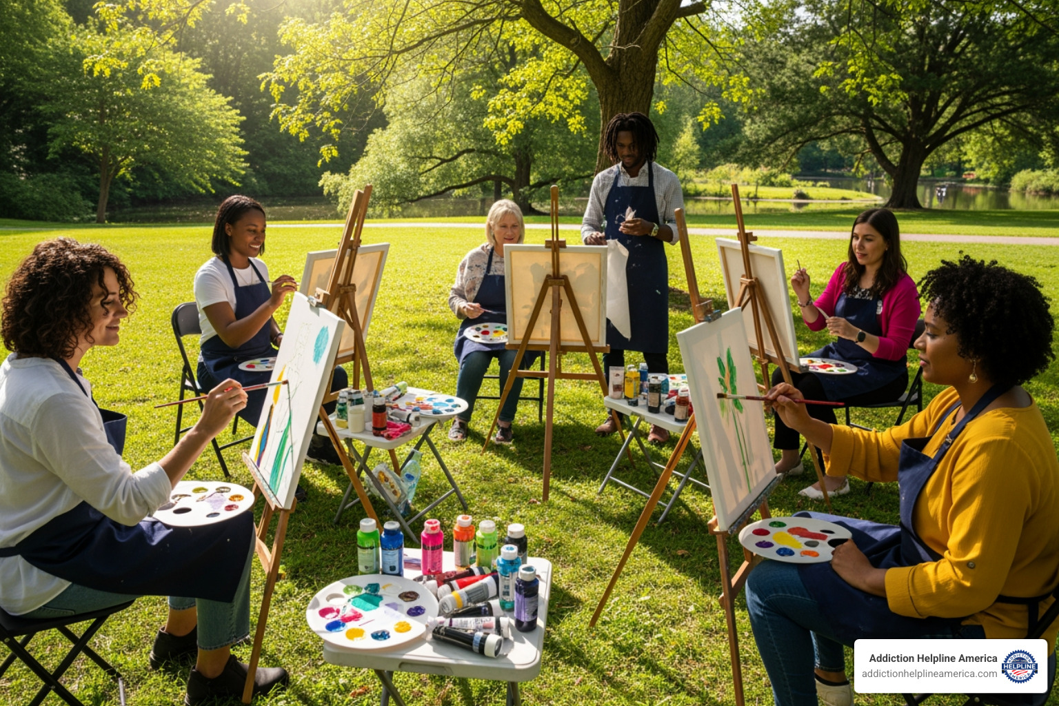 A group of diverse individuals participating in an outdoor art therapy session, painting on canvases with natural light - Rehab centers New York A group of diverse individuals participating in an outdoor art therapy session, painting on canvases with natural light - Rehab centers New York