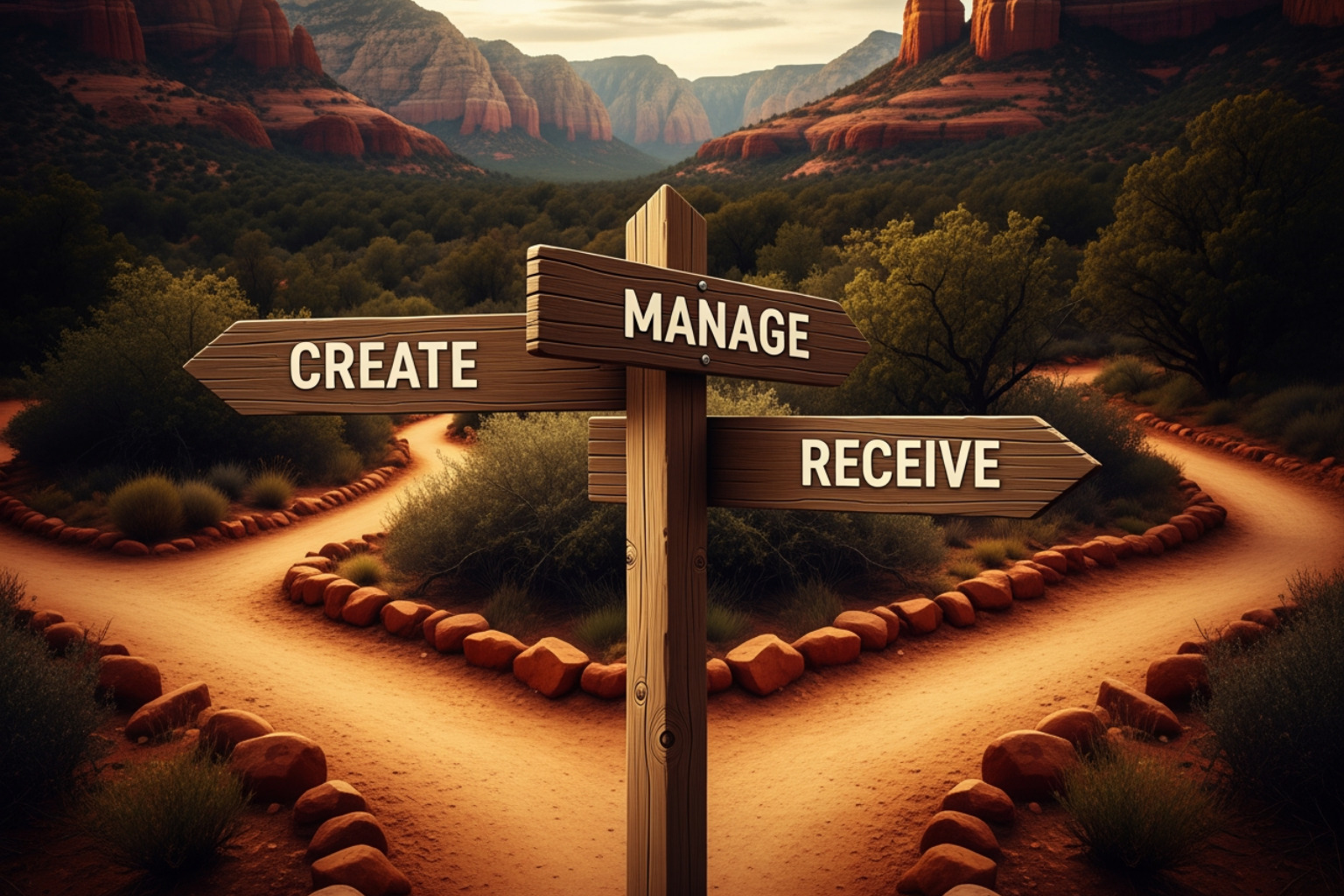 three-way signpost pointing to "Create," "Manage," and "Receive" - grantor vs trustee vs beneficiary three-way signpost pointing to "Create," "Manage," and "Receive" - grantor vs trustee vs beneficiary