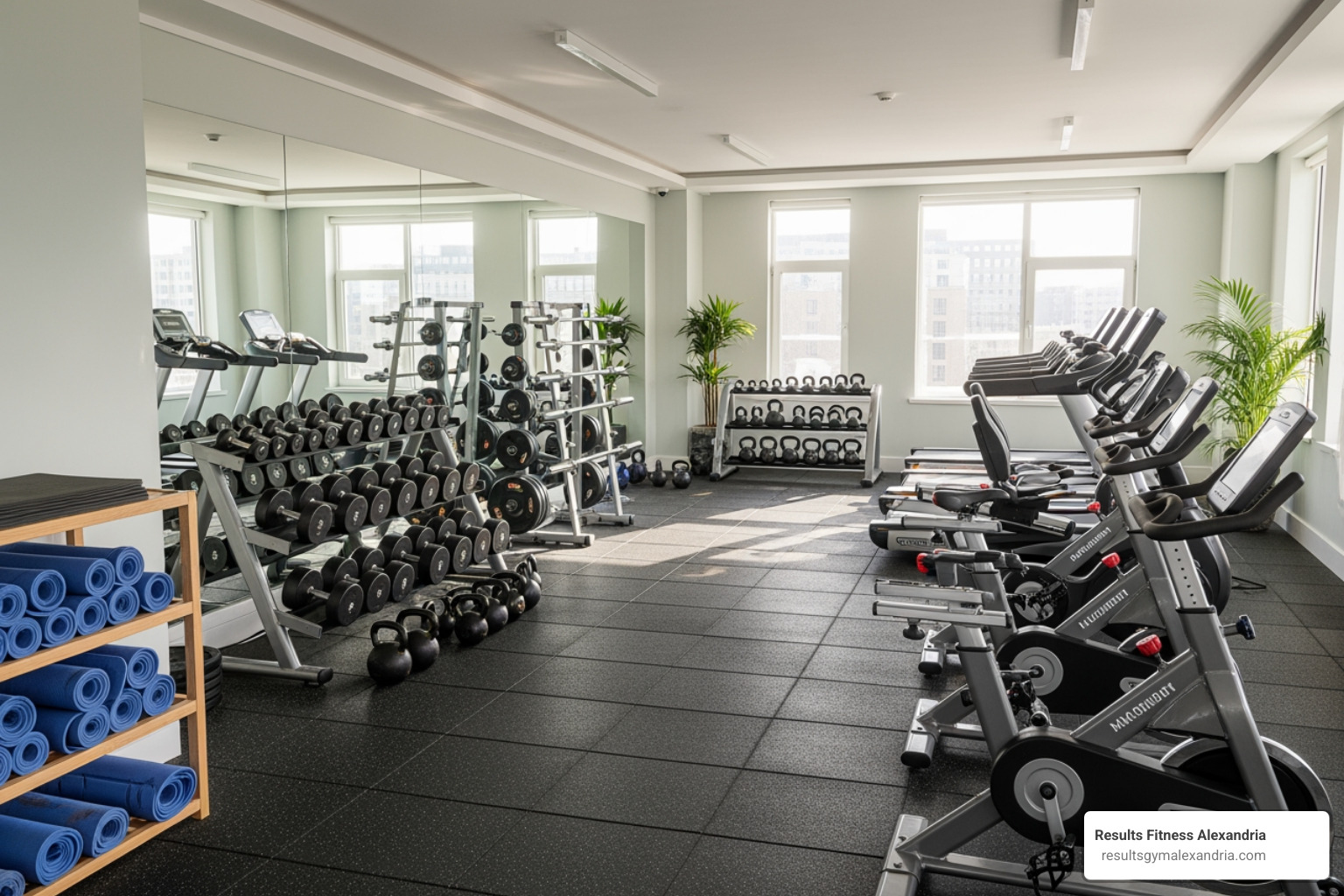well-organized studio with various equipment like weights, mats, and bikes - group exercise programs