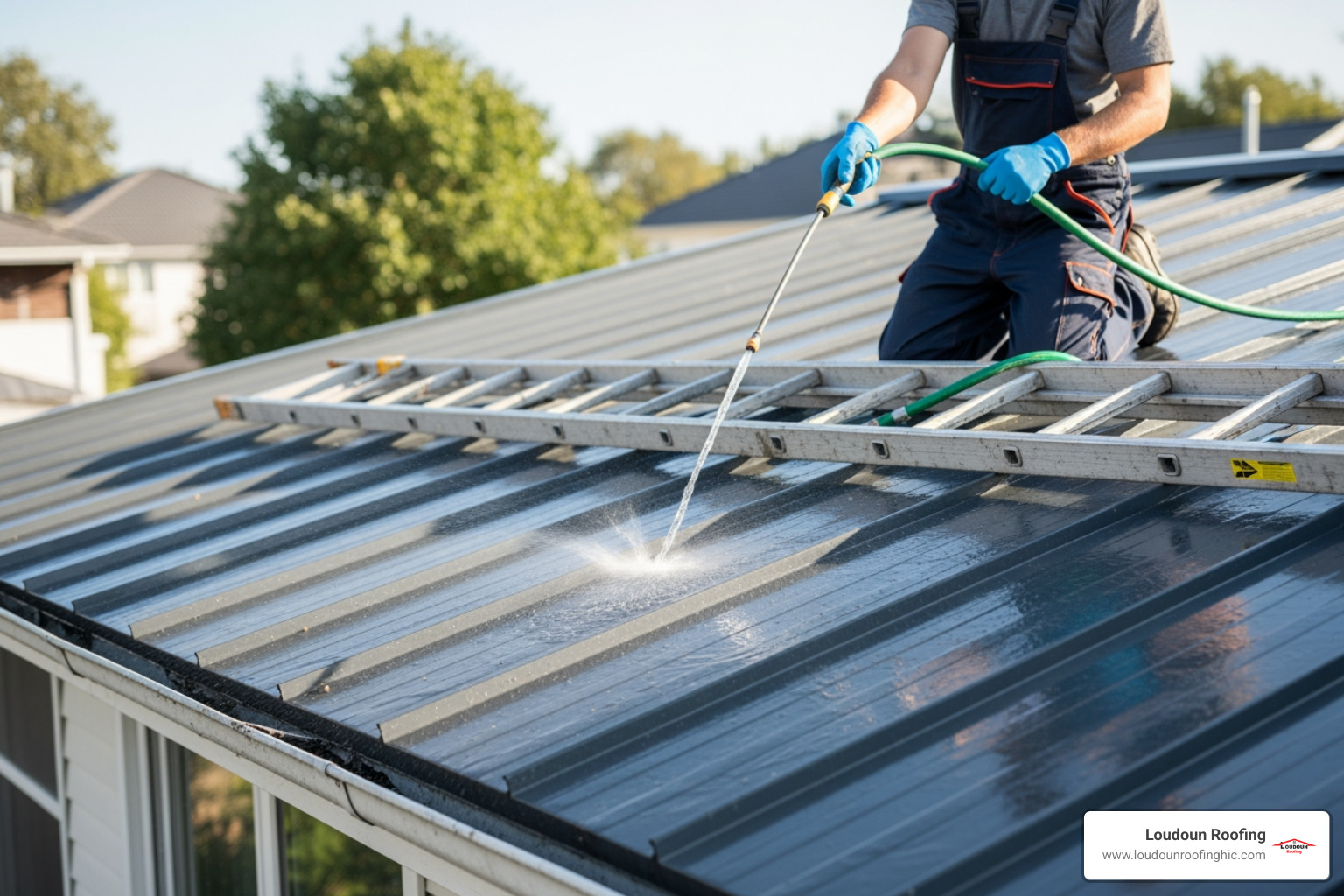 homeowner gently rinsing a metal roof with a garden hose, avoiding high pressure - metal roof care