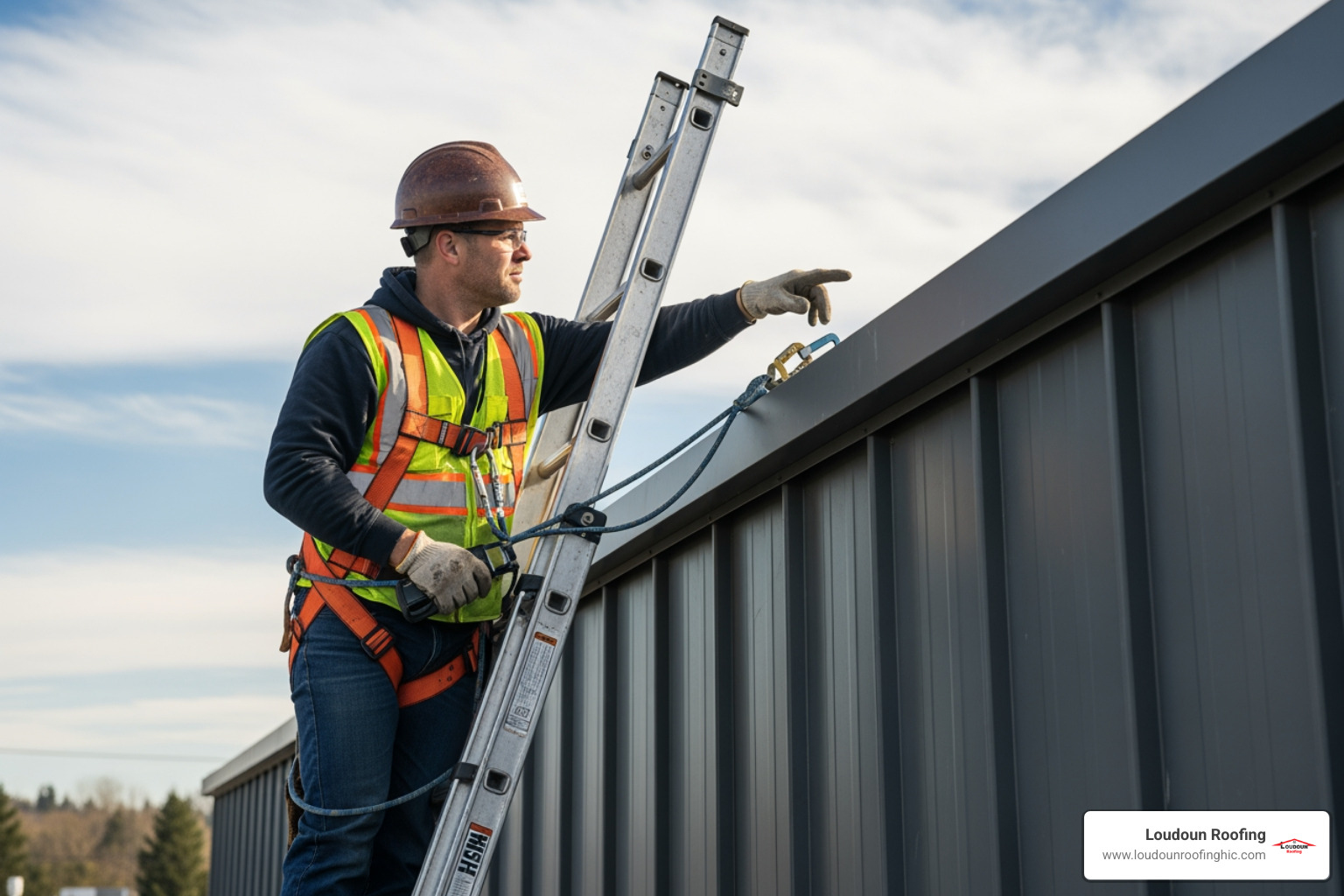 person safely inspecting a metal roof seam from a secure ladder, pointing out a detail - metal roof care