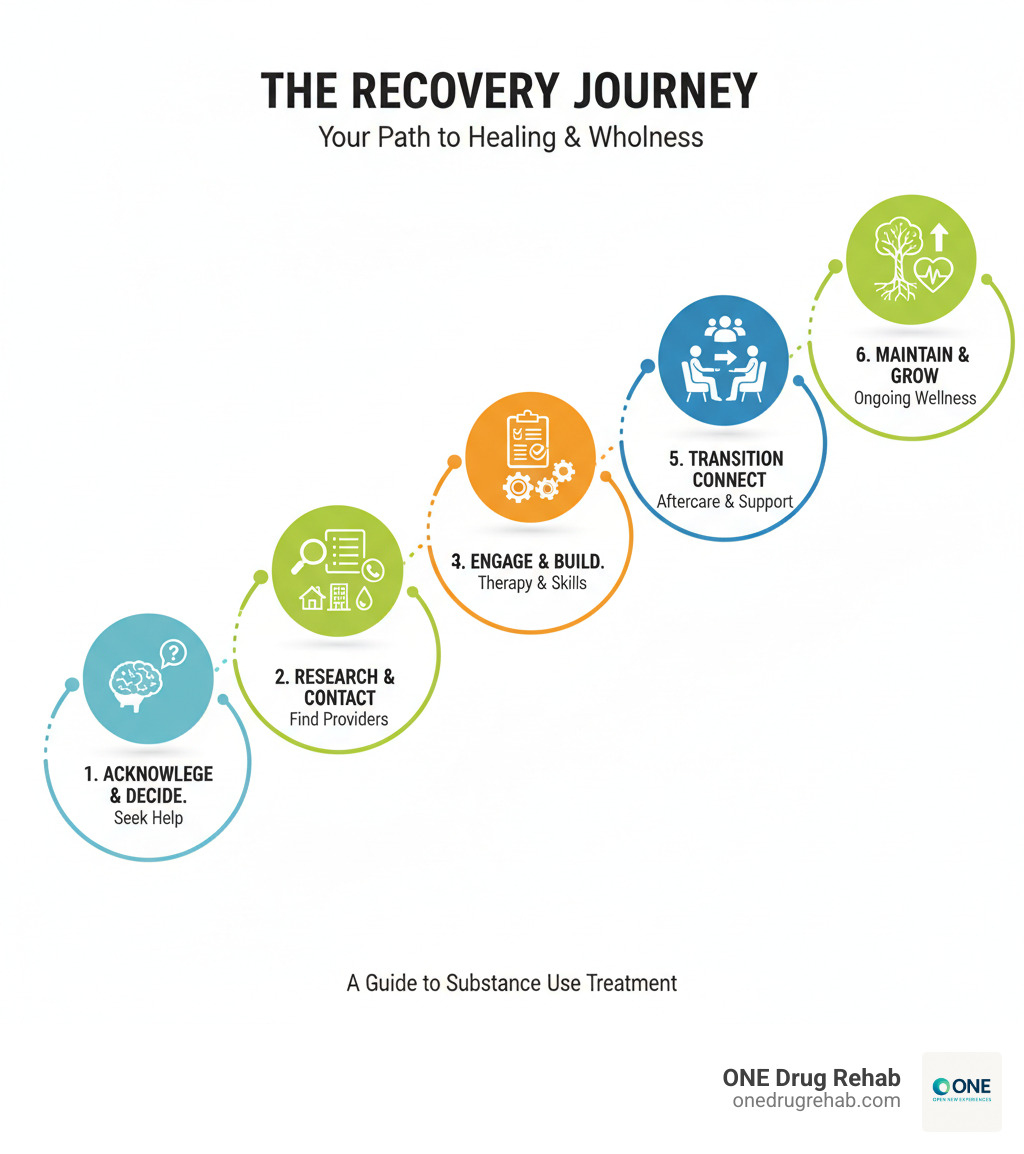 Infographic showing the recovery journey: 1) Acknowledge the problem and decide to seek help, 2) Research and contact treatment providers, 3) Complete assessment and begin appropriate level of care (detox, inpatient, or outpatient), 4) Engage in therapy and build coping skills, 5) Transition to aftercare and support groups, 6) Maintain long-term recovery with ongoing support - substance abuse treatment infographic Infographic showing the recovery journey: 1) Acknowledge the problem and decide to seek help, 2) Research and contact treatment providers, 3) Complete assessment and begin appropriate level of care (detox, inpatient, or outpatient), 4) Engage in therapy and build coping skills, 5) Transition to aftercare and support groups, 6) Maintain long-term recovery with ongoing support - substance abuse treatment infographic
