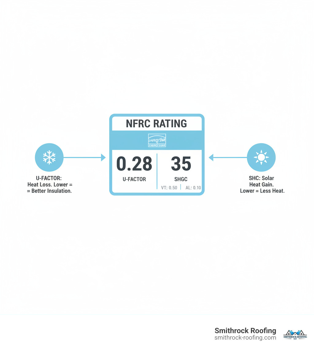 An NFRC label clearly displaying the U-Factor and SHGC values for a window, with callouts explaining what each metric represents - energy efficient window upgrades infographic 