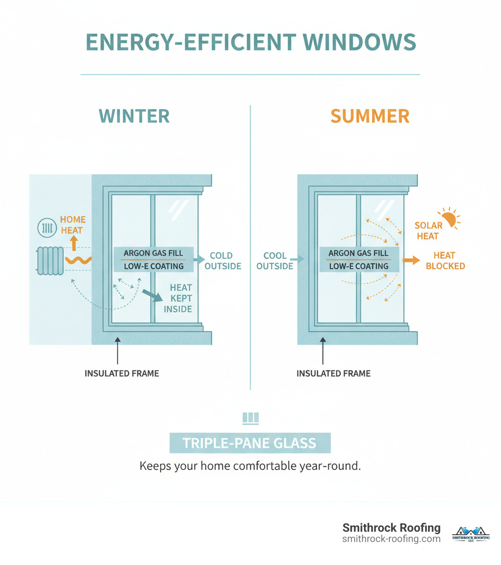 Infographic showing a side-by-side comparison of how energy-efficient windows work in winter and summer, with arrows depicting heat flow being blocked by Low-E coatings and gas fills between panes, keeping warm air inside during winter and blocking solar heat during summer, plus callouts for key components like triple-pane glass, argon gas, and insulated frames - energy efficient window upgrades infographic 