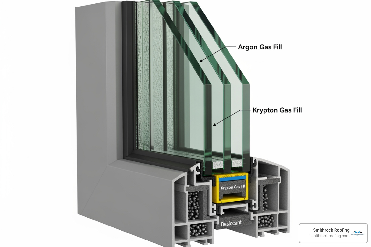 A detailed cross-section of a triple-pane window, clearly showing the three layers of glass, the gas fills (argon/krypton) in the spaces between them, and the insulated spacers around the edges - energy efficient window upgrades