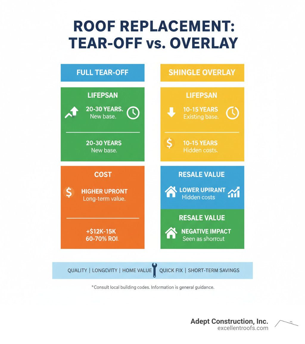 Comparison of roof tear-off versus overlay showing lifespan, cost, and resale value differences - tear off roof shingles infographic Comparison of roof tear-off versus overlay showing lifespan, cost, and resale value differences - tear off roof shingles infographic