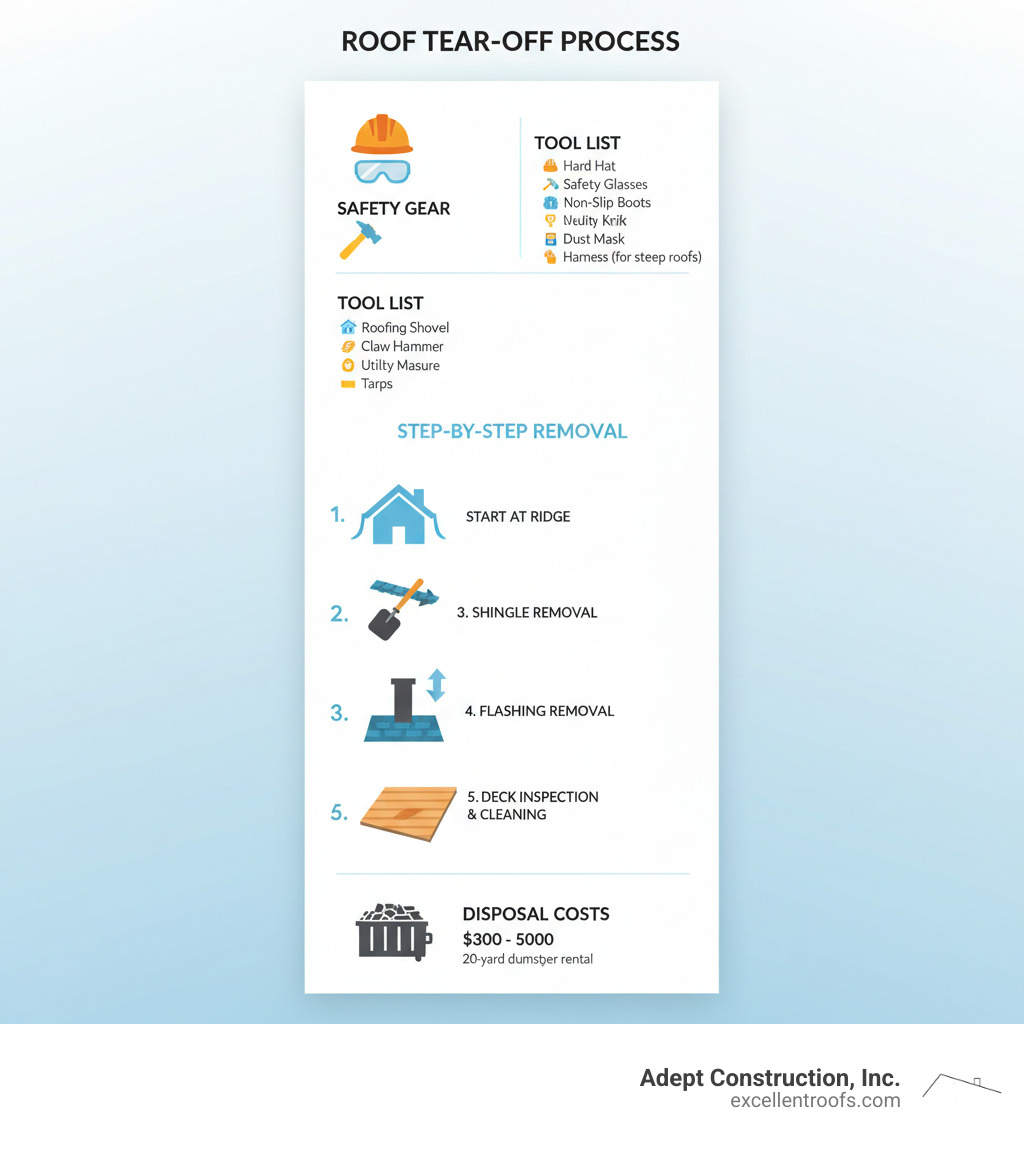Infographic showing the complete roof tear-off process from property protection through final deck inspection, including safety gear requirements, tool list, step-by-step removal sequence, and disposal costs ranging from $300-$500 for a 20-yard dumpster - tear off roof shingles infographic Infographic showing the complete roof tear-off process from property protection through final deck inspection, including safety gear requirements, tool list, step-by-step removal sequence, and disposal costs ranging from $300-$500 for a 20-yard dumpster - tear off roof shingles infographic