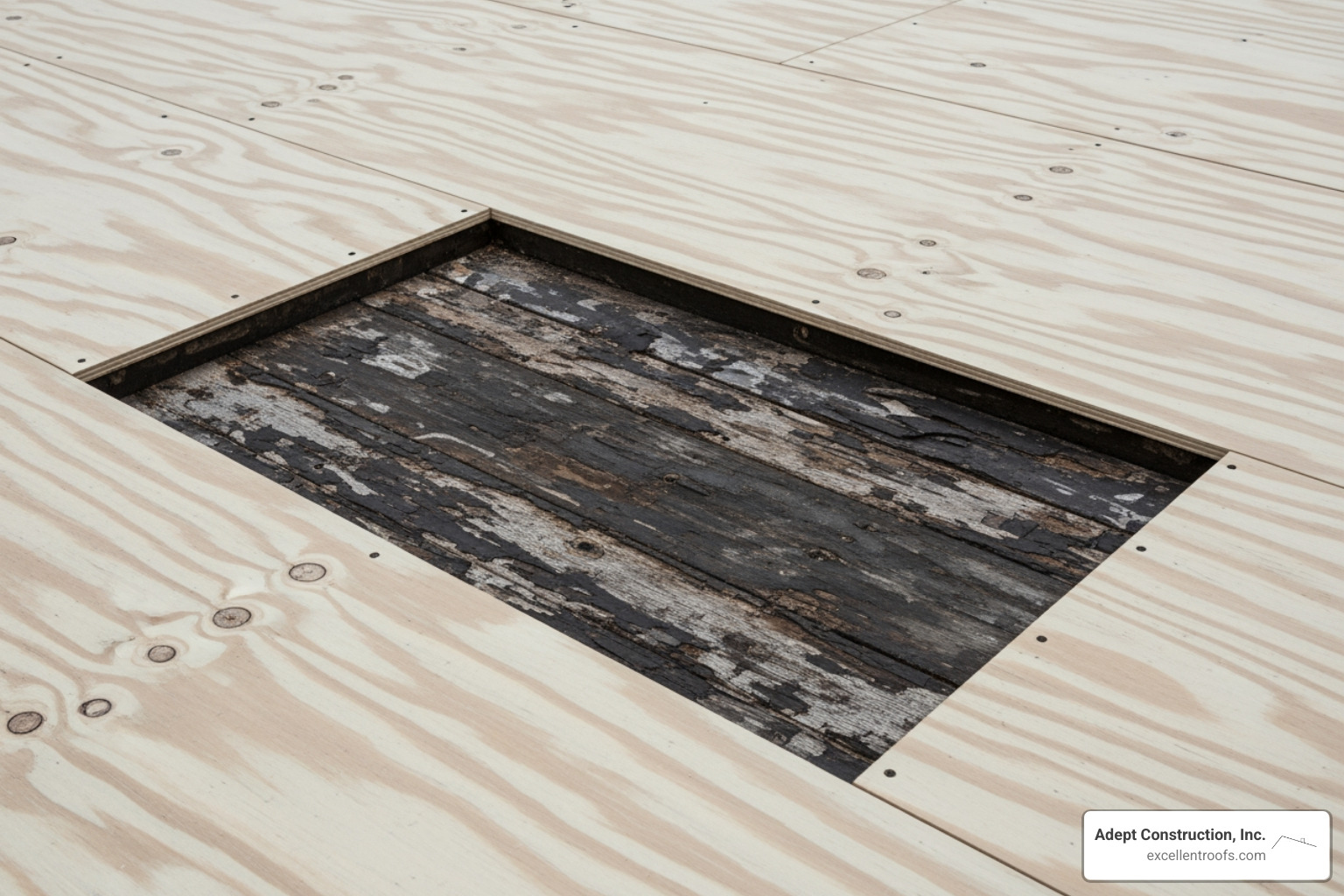 Clean roof deck with a section of rotted plywood clearly visible - tear off roof shingles Clean roof deck with a section of rotted plywood clearly visible - tear off roof shingles