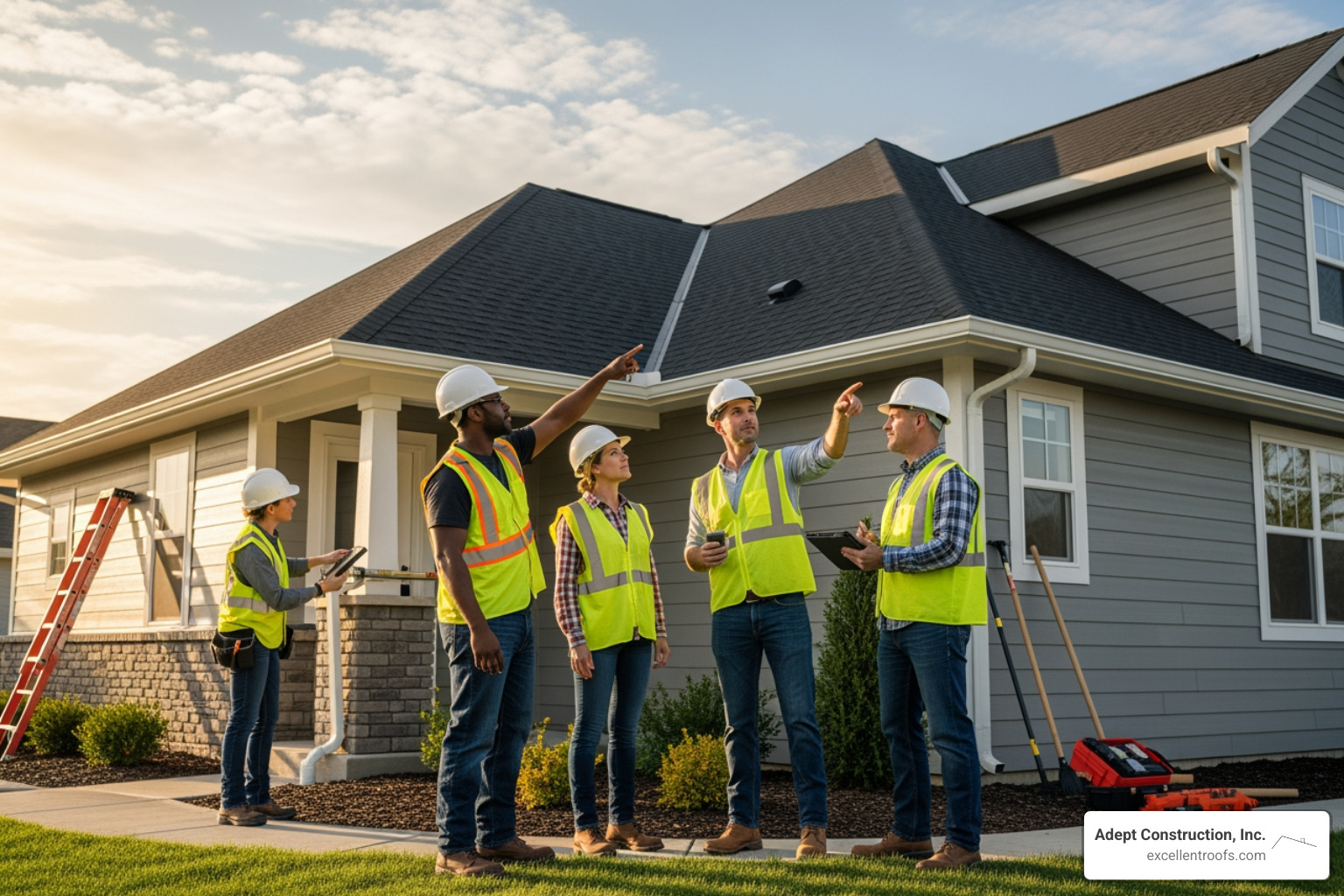Adept Construction team members inspecting a finished roof with a homeowner - tear off roof shingles Adept Construction team members inspecting a finished roof with a homeowner - tear off roof shingles