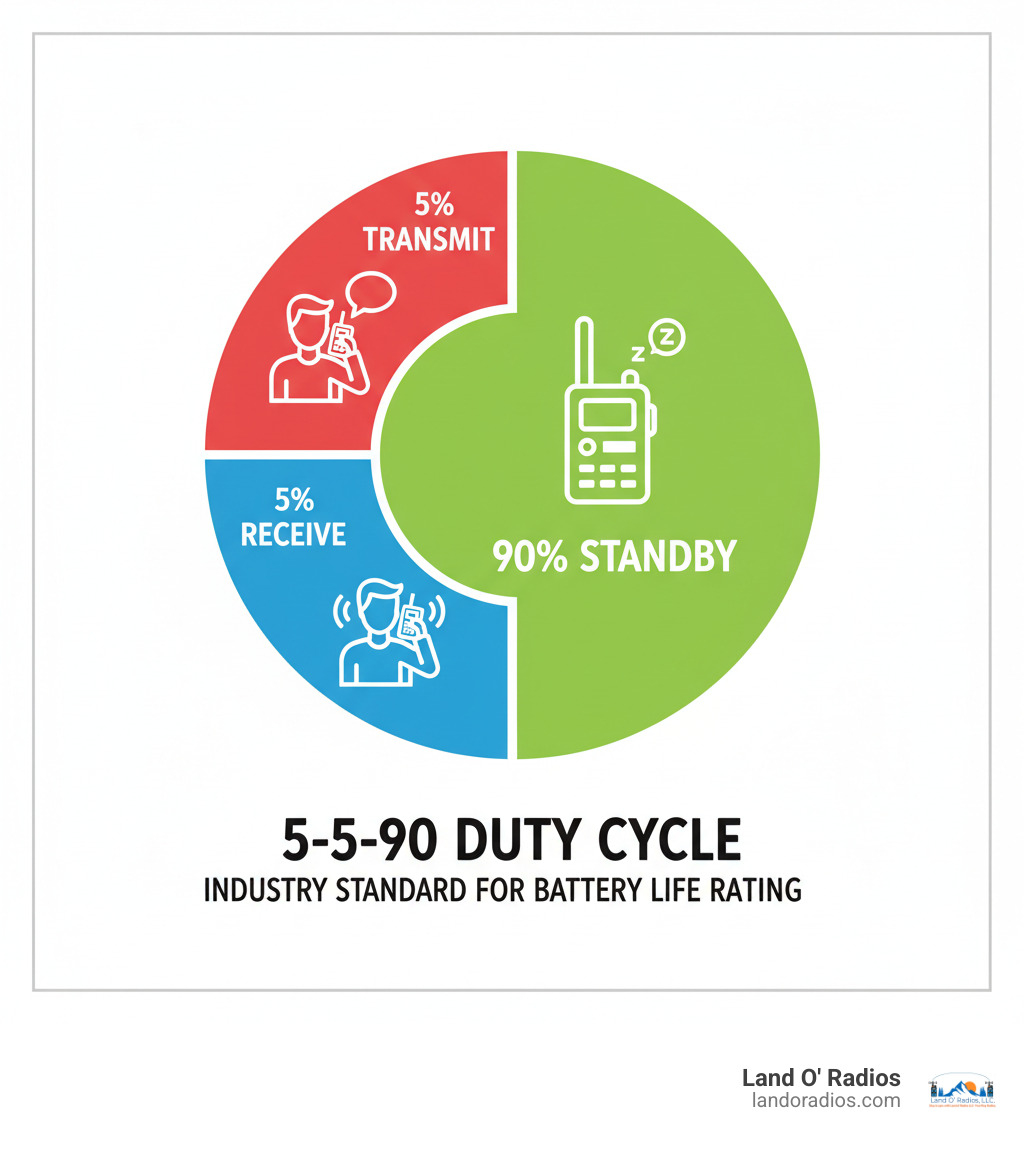 Infographic showing the 5-5-90 duty cycle: a circular diagram divided into three segments labeled 5% Transmit (red), 5% Receive (blue), and 90% Standby (green), with icons representing a person talking, a person listening, and a radio on standby, plus text explaining this is the industry standard for rating battery life - motorola battery life radio infographic 