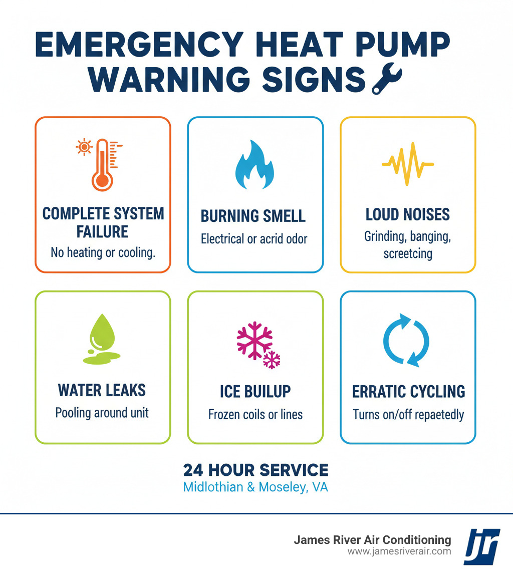 Infographic showing 6 emergency heat pump warning signs: complete system failure with temperature icon, burning smell with fire icon, loud noises with sound wave icon, water leaks with droplet icon, ice buildup with snowflake icon, and erratic cycling with circular arrow icon - 24 hour heat pump service in midlothian, va infographic Infographic showing 6 emergency heat pump warning signs: complete system failure with temperature icon, burning smell with fire icon, loud noises with sound wave icon, water leaks with droplet icon, ice buildup with snowflake icon, and erratic cycling with circular arrow icon - 24 hour heat pump service in midlothian, va infographic