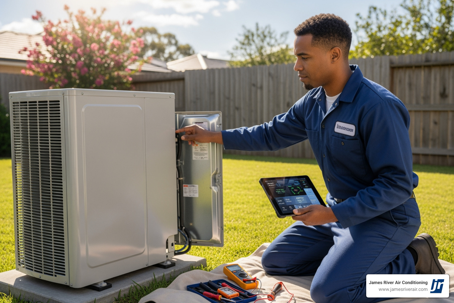 Technician inspecting an outdoor heat pump unit - 24 hour heat pump service in midlothian, va Technician inspecting an outdoor heat pump unit - 24 hour heat pump service in midlothian, va