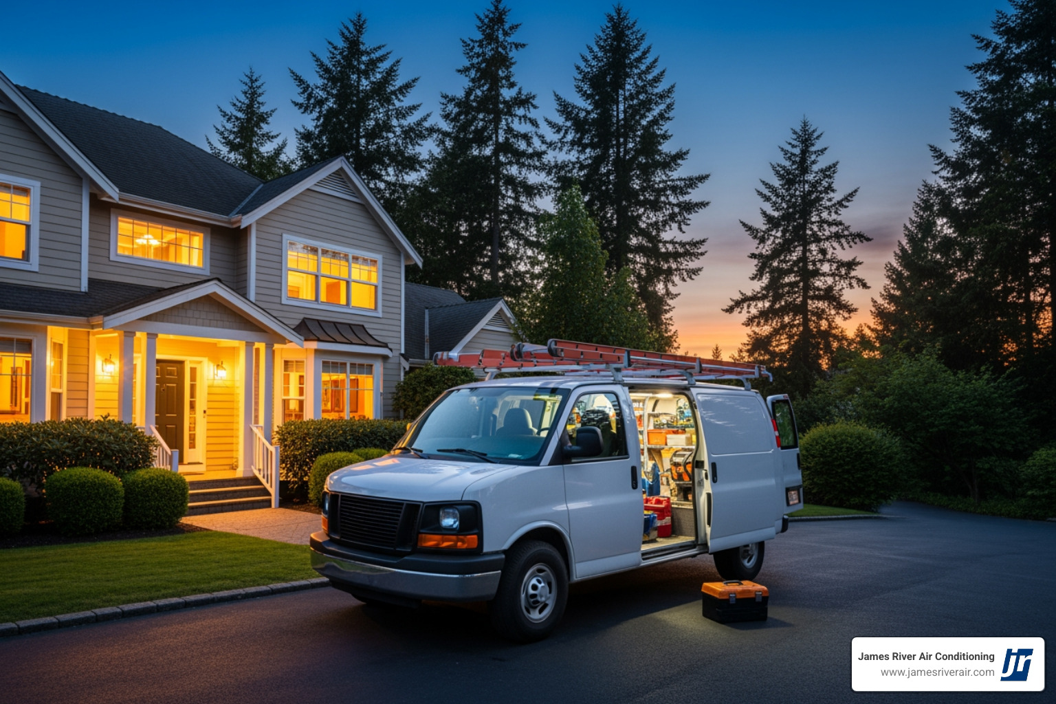 Technician's van arriving at a suburban home at dusk - 24 hour heat pump service in midlothian, va Technician's van arriving at a suburban home at dusk - 24 hour heat pump service in midlothian, va