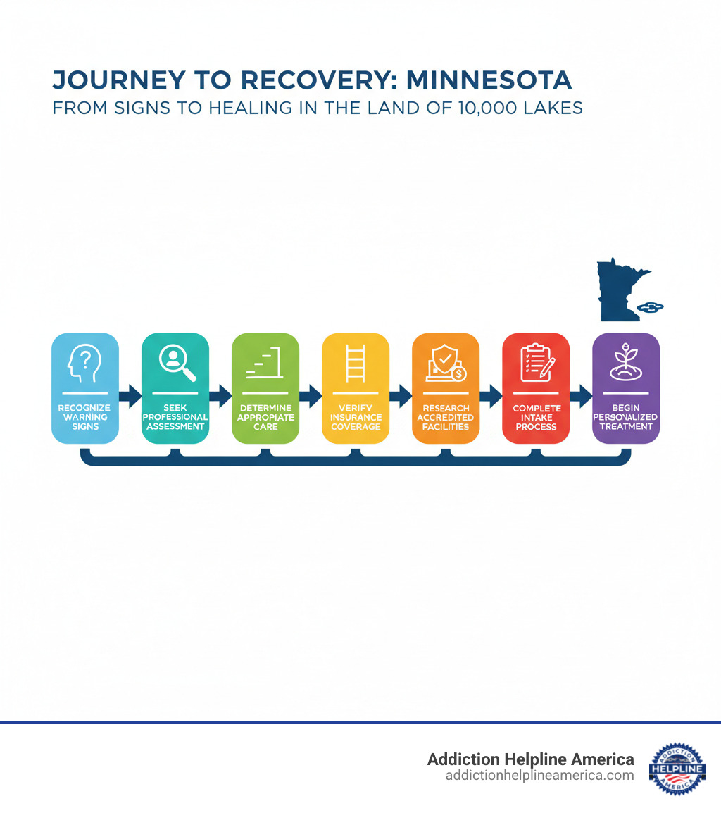 Infographic showing the journey from recognizing addiction signs to entering a Minnesota rehab facility, including steps: 1) Recognize warning signs, 2) Seek professional assessment, 3) Determine appropriate level of care, 4) Verify insurance coverage, 5) Research accredited facilities, 6) Complete intake process, 7) Begin personalized treatment - Drug rehab Minnesota infographic Infographic showing the journey from recognizing addiction signs to entering a Minnesota rehab facility, including steps: 1) Recognize warning signs, 2) Seek professional assessment, 3) Determine appropriate level of care, 4) Verify insurance coverage, 5) Research accredited facilities, 6) Complete intake process, 7) Begin personalized treatment - Drug rehab Minnesota infographic