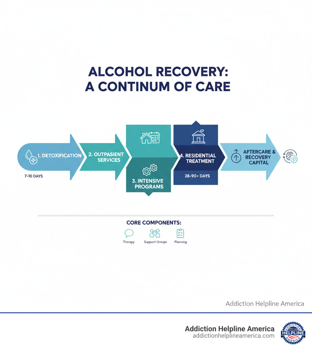 infographic showing the continuum of alcohol treatment care from detoxification through outpatient services, inpatient residential treatment, intensive programs, and aftercare support with recovery capital building - Alcohol treatment programs infographic infographic showing the continuum of alcohol treatment care from detoxification through outpatient services, inpatient residential treatment, intensive programs, and aftercare support with recovery capital building - Alcohol treatment programs infographic