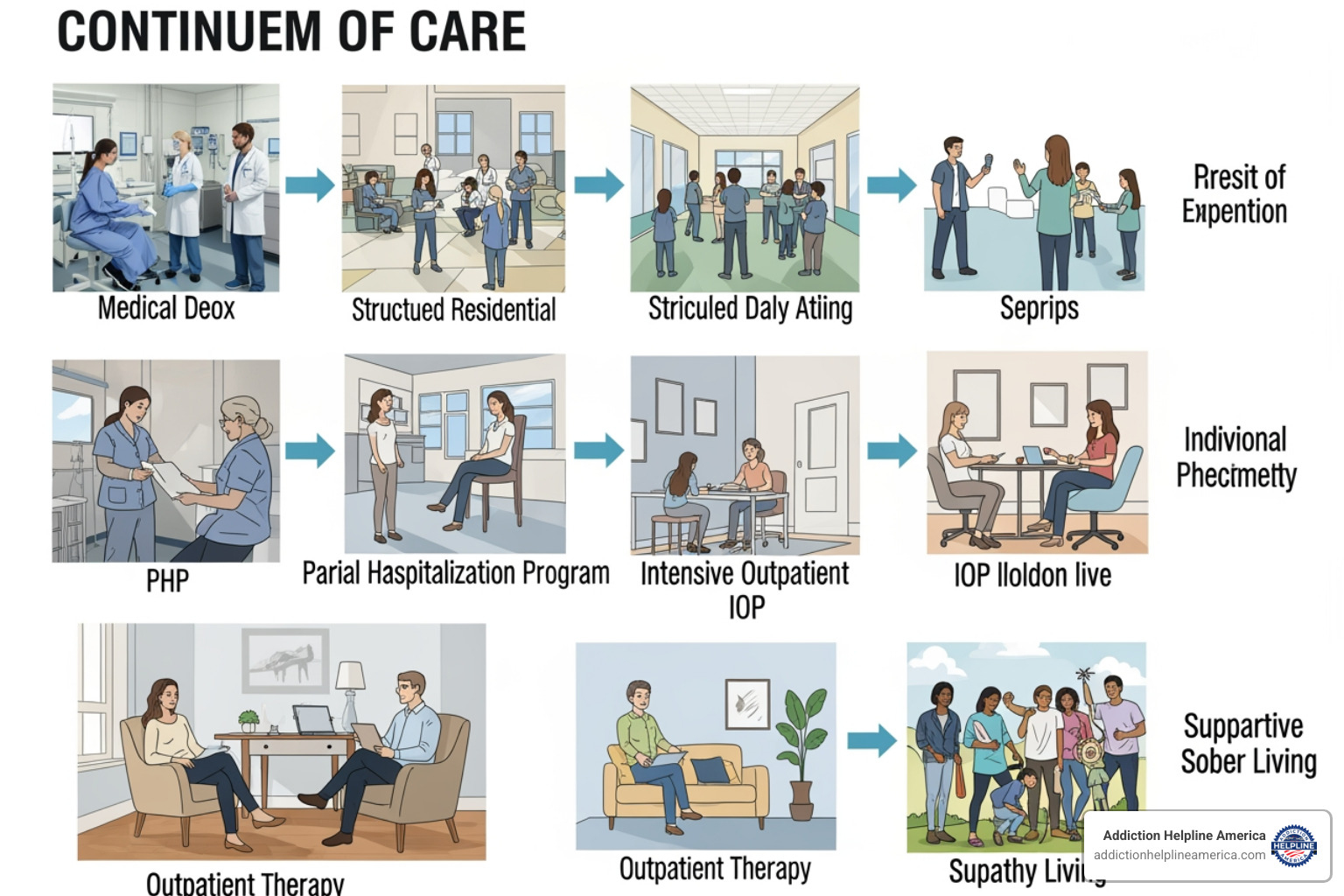 Continuum of care illustrating detox, residential, PHP, IOP, outpatient, and sober living - Drug rehab Minnesota Continuum of care illustrating detox, residential, PHP, IOP, outpatient, and sober living - Drug rehab Minnesota