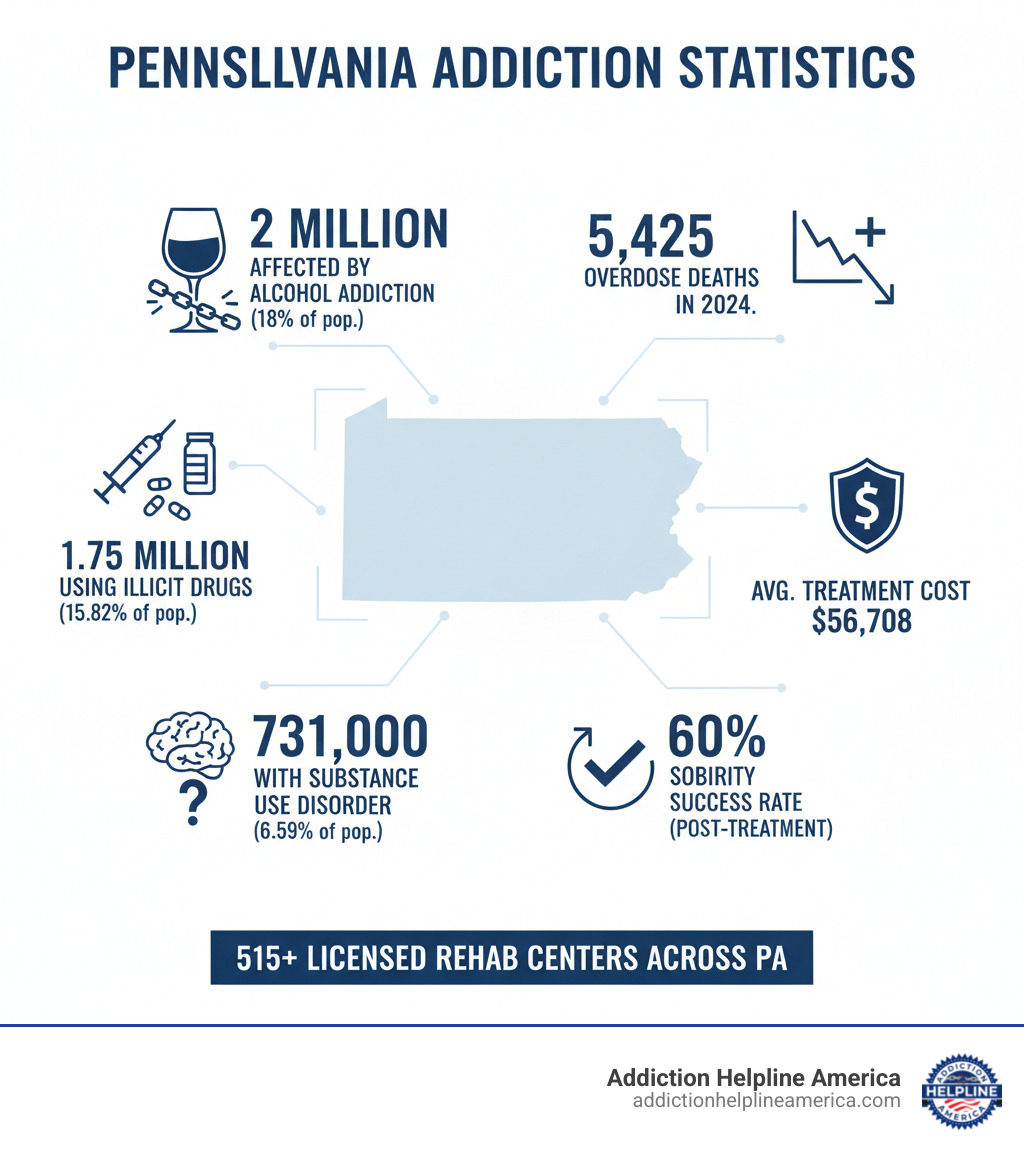 Infographic showing Pennsylvania addiction statistics: 2 million people affected by alcohol addiction (18% of population), 1.75 million using illicit drugs (15.82% of a population), 731,000 with substance use disorder (6.59% of population), 5,425 overdose deaths in 2024, average treatment cost of $56,708, 60% sobriety success rate after completing treatment programs, and 515+ licensed rehab centers available across the state - Drug rehab Pennsylvania infographic Infographic showing Pennsylvania addiction statistics: 2 million people affected by alcohol addiction (18% of population), 1.75 million using illicit drugs (15.82% of a population), 731,000 with substance use disorder (6.59% of population), 5,425 overdose deaths in 2024, average treatment cost of $56,708, 60% sobriety success rate after completing treatment programs, and 515+ licensed rehab centers available across the state - Drug rehab Pennsylvania infographic