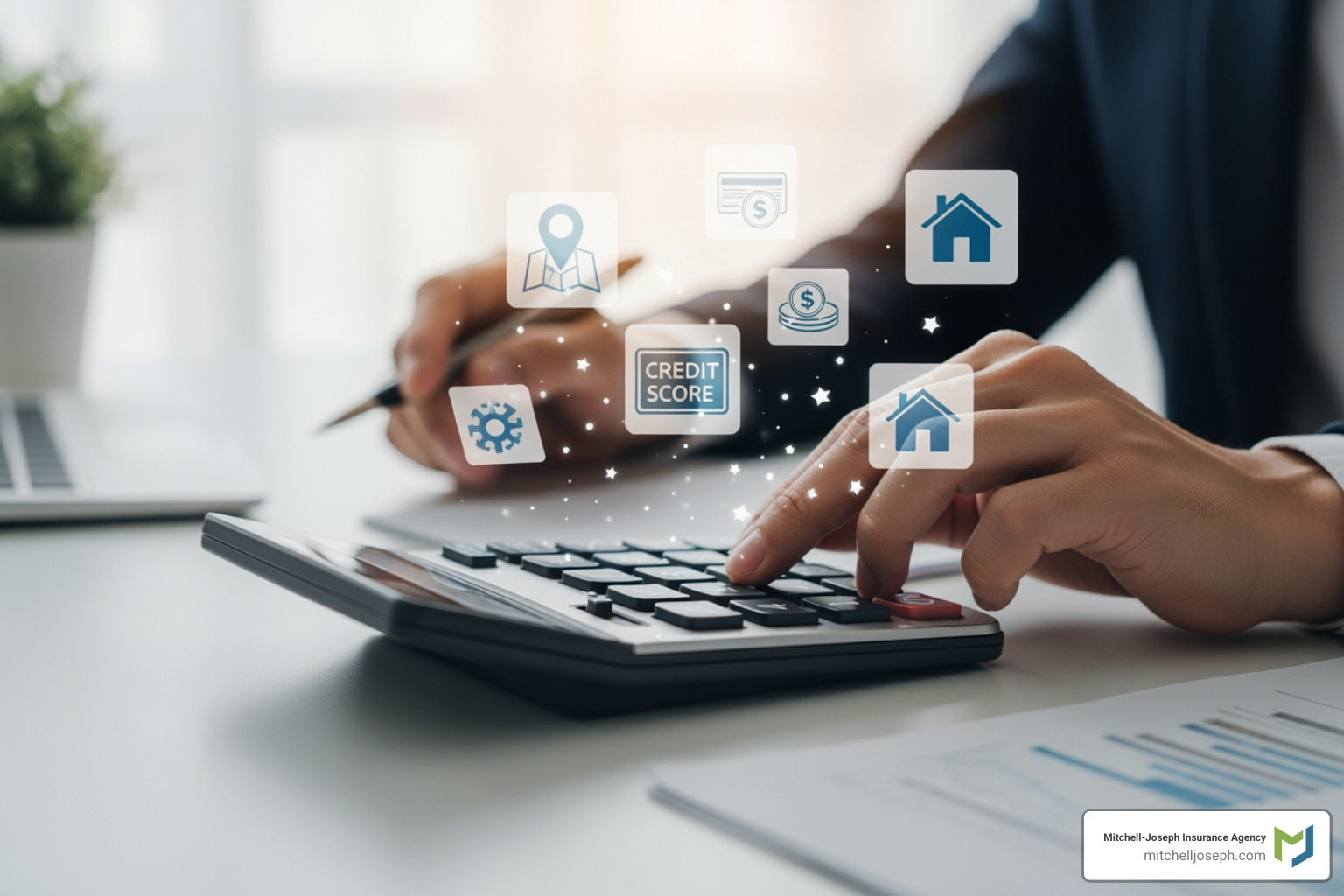 calculator with icons for location, credit score, and property - Renters Insurance Cost