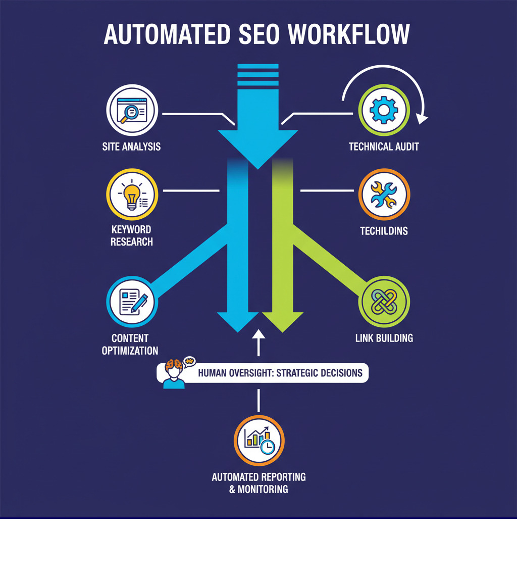 Infographic showing automated SEO workflow: Starting with site analysis, branching to keyword research and technical audit, flowing to content optimization and link building, then to automated reporting and continuous monitoring, with human oversight at strategic decision points - Automated SEO services infographic 
