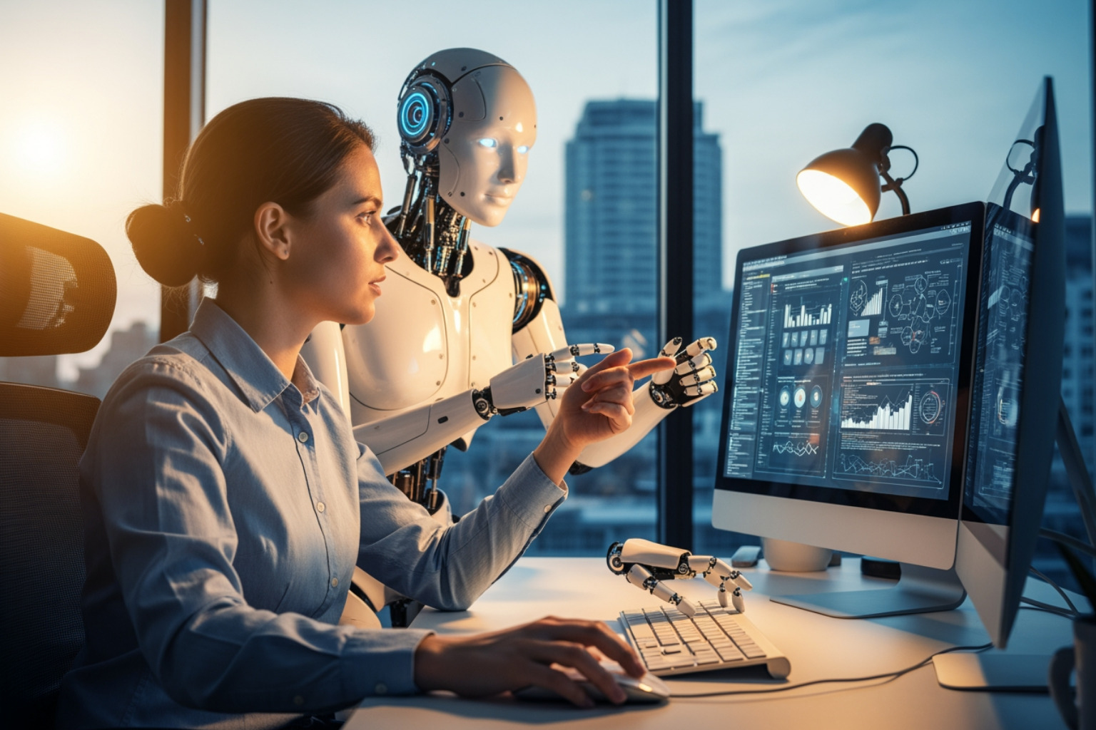 A person collaborating with a robot at a computer, symbolizing the partnership between human strategy and AI execution - Automated SEO services