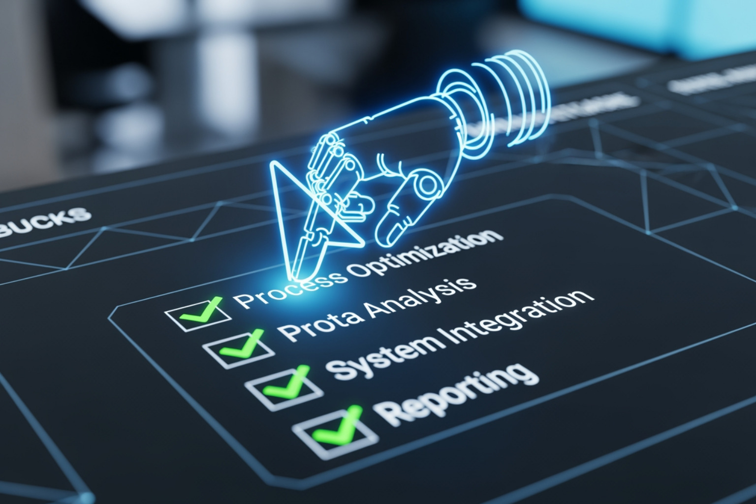 A checklist with items like "Keyword Research" and "Rank Tracking" being ticked automatically - Automated SEO services