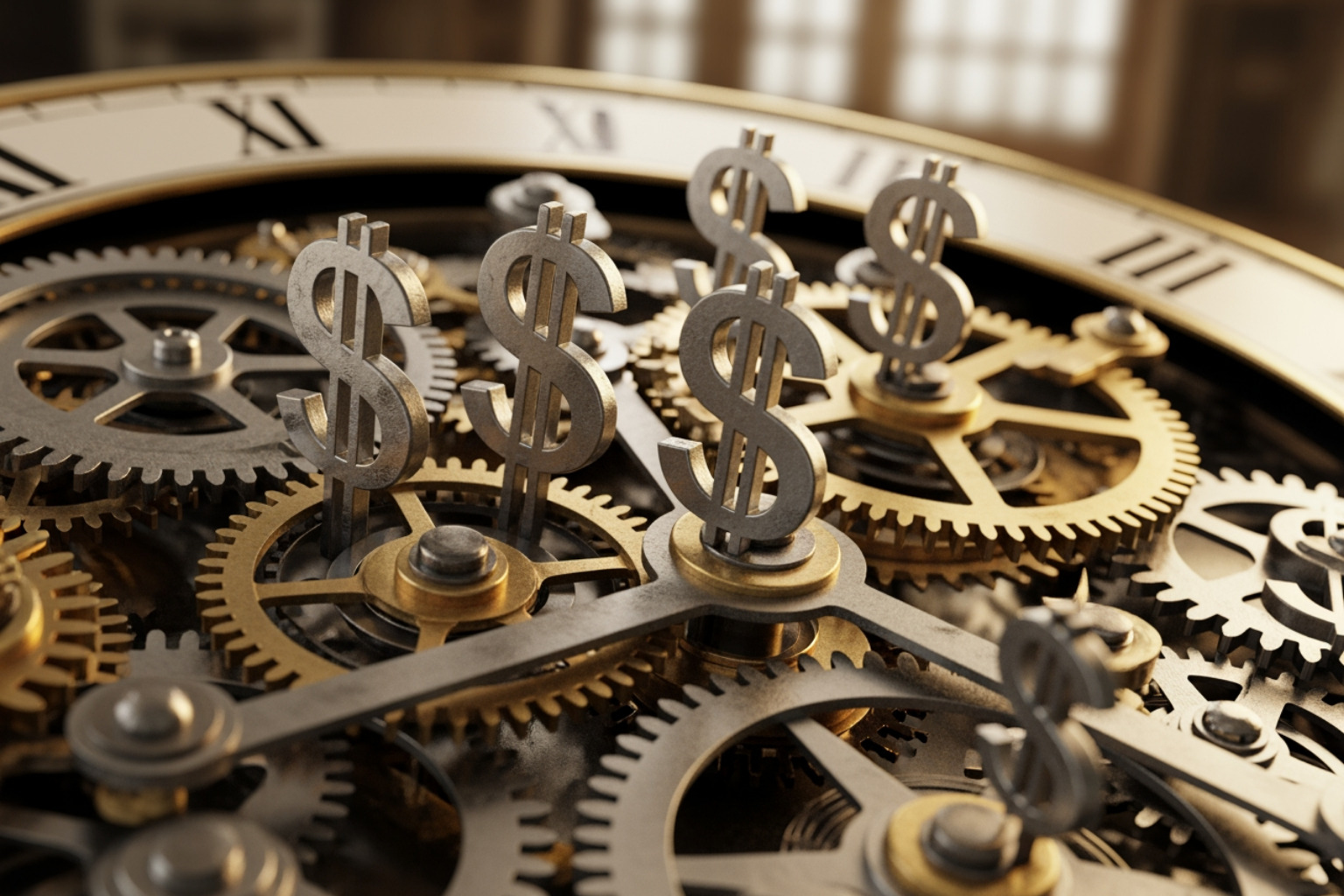 A clock with gears turning into dollar signs, symbolizing time and cost savings - Automated SEO services