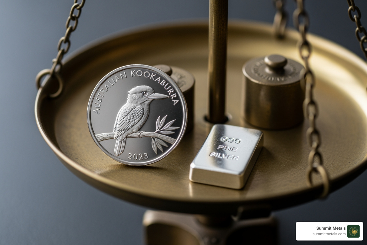 Kookaburra coin next to a silver bar on a scale - 2026 1oz silver kookaburra