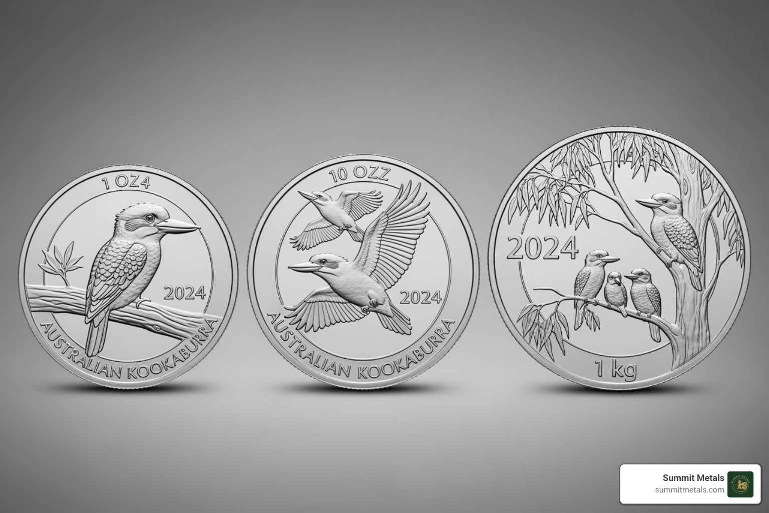 Different sizes of Kookaburra coins (1oz, 10oz, 1 Kilo) side-by-side - 2026 1oz silver kookaburra