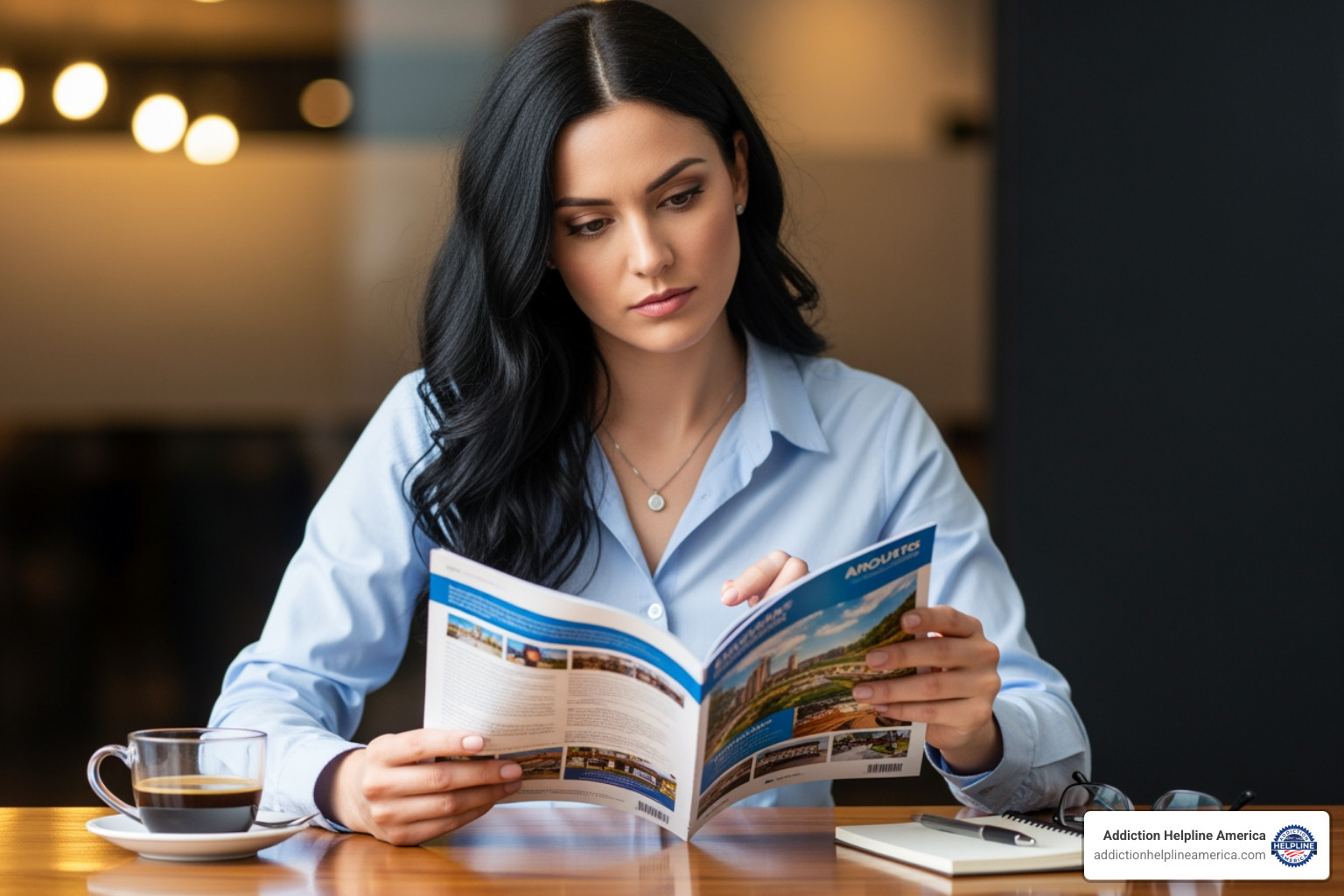 A woman thoughtfully reviewing a brochure - Women's rehab centers