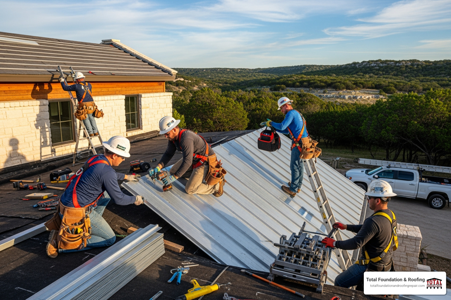 Image of Total Foundation & Roofing team installing a metal roof - sheet metal roofers
