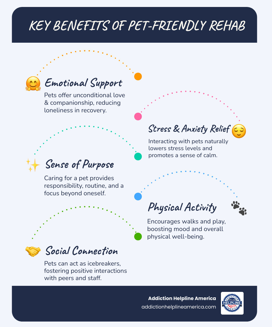 infographic showing benefits of pet-friendly rehab: emotional support and reduced loneliness at top, followed by stress reduction and anxiety relief, sense of purpose and routine, increased physical activity, and social connection opportunities - pet friendly drug rehab california infographic infographic-line-5-steps-blues-accent_colors infographic showing benefits of pet-friendly rehab: emotional support and reduced loneliness at top, followed by stress reduction and anxiety relief, sense of purpose and routine, increased physical activity, and social connection opportunities - pet friendly drug rehab california infographic infographic-line-5-steps-blues-accent_colors