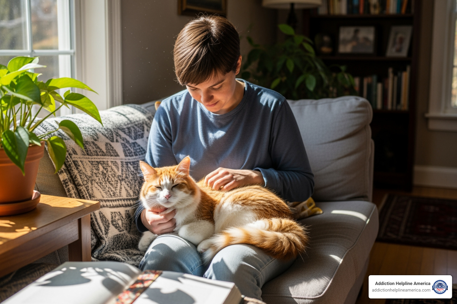 person petting a cat in a comfortable, sunlit room - pet friendly drug rehab california person petting a cat in a comfortable, sunlit room - pet friendly drug rehab california