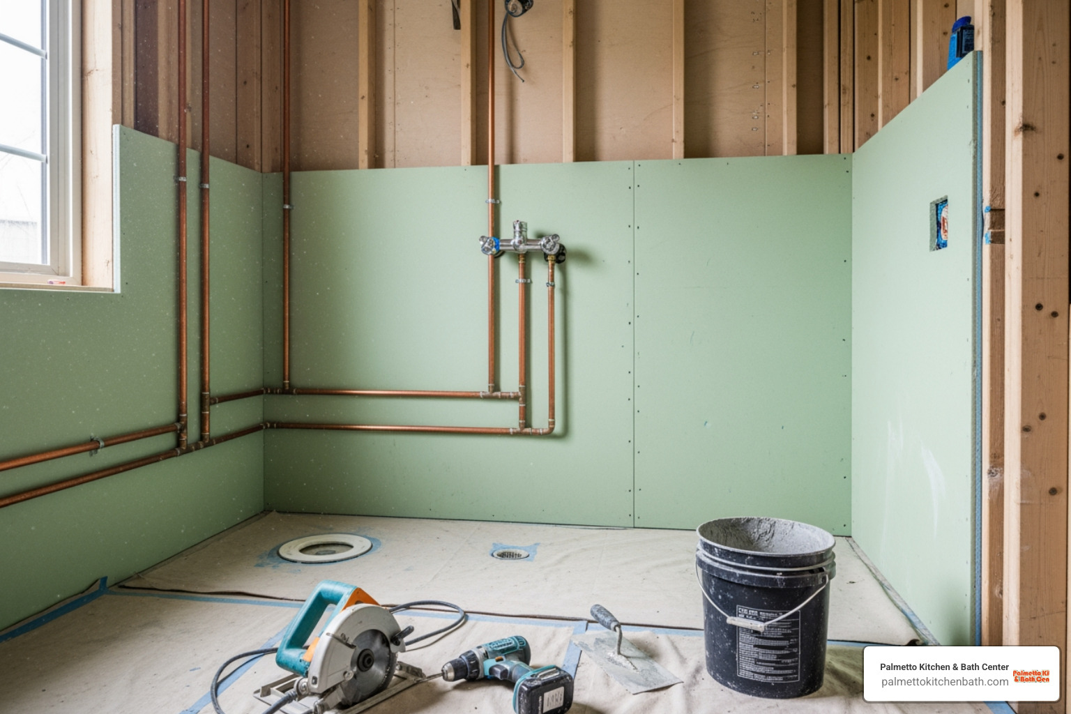 bathroom mid-renovation, with exposed plumbing and new backer board installed - complete bathroom renovation
