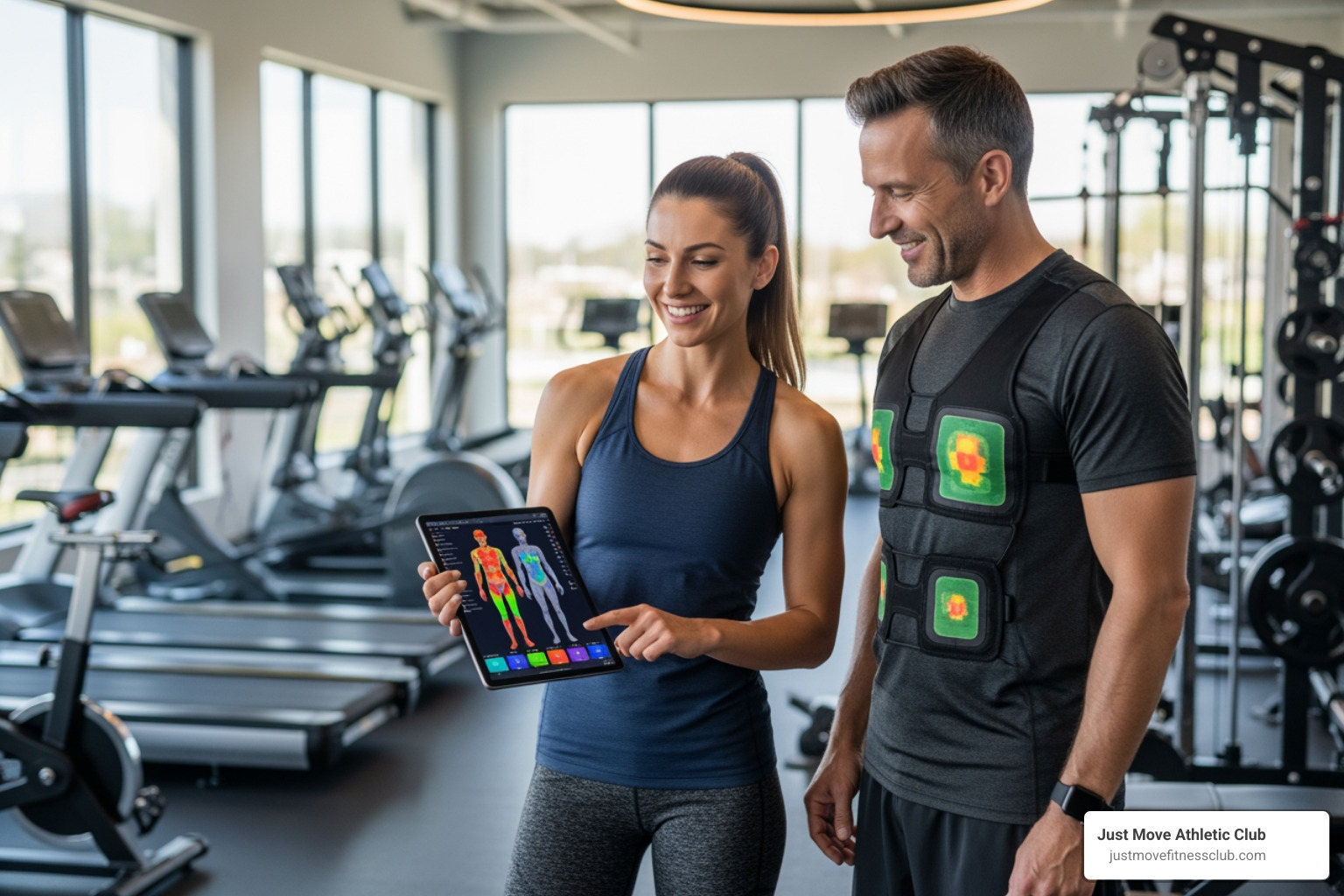 trainer using tablet client progress body scan - personal fitness instructor