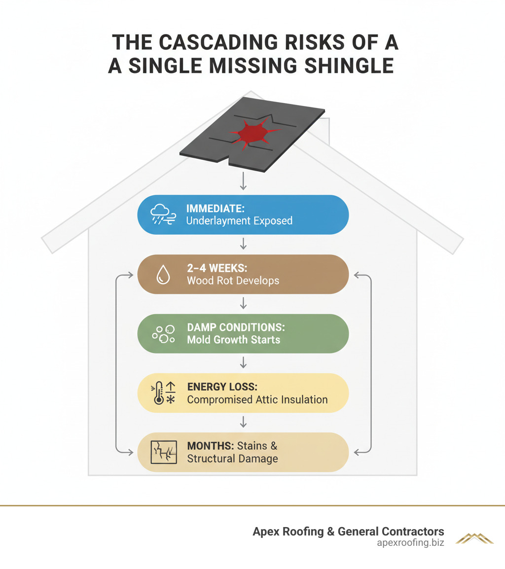 Infographic showing the cascading risks of ignoring a single missing shingle: immediate exposure of underlayment to elements, water penetration within days during rain, wood rot developing in 2-4 weeks, mold growth starting in damp conditions, compromised attic insulation leading to energy loss, and potential ceiling stains and structural damage within months - how to repair blown off roof shingles infographic Infographic showing the cascading risks of ignoring a single missing shingle: immediate exposure of underlayment to elements, water penetration within days during rain, wood rot developing in 2-4 weeks, mold growth starting in damp conditions, compromised attic insulation leading to energy loss, and potential ceiling stains and structural damage within months - how to repair blown off roof shingles infographic