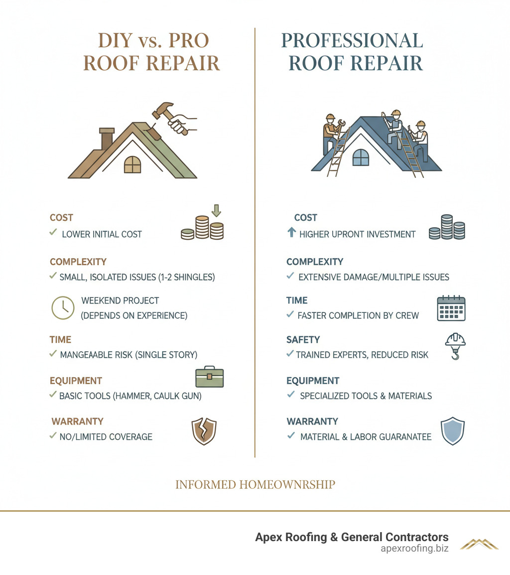 comparison of DIY vs. Professional Roof Repair - how to repair blown off roof shingles infographic comparison of DIY vs. Professional Roof Repair - how to repair blown off roof shingles infographic