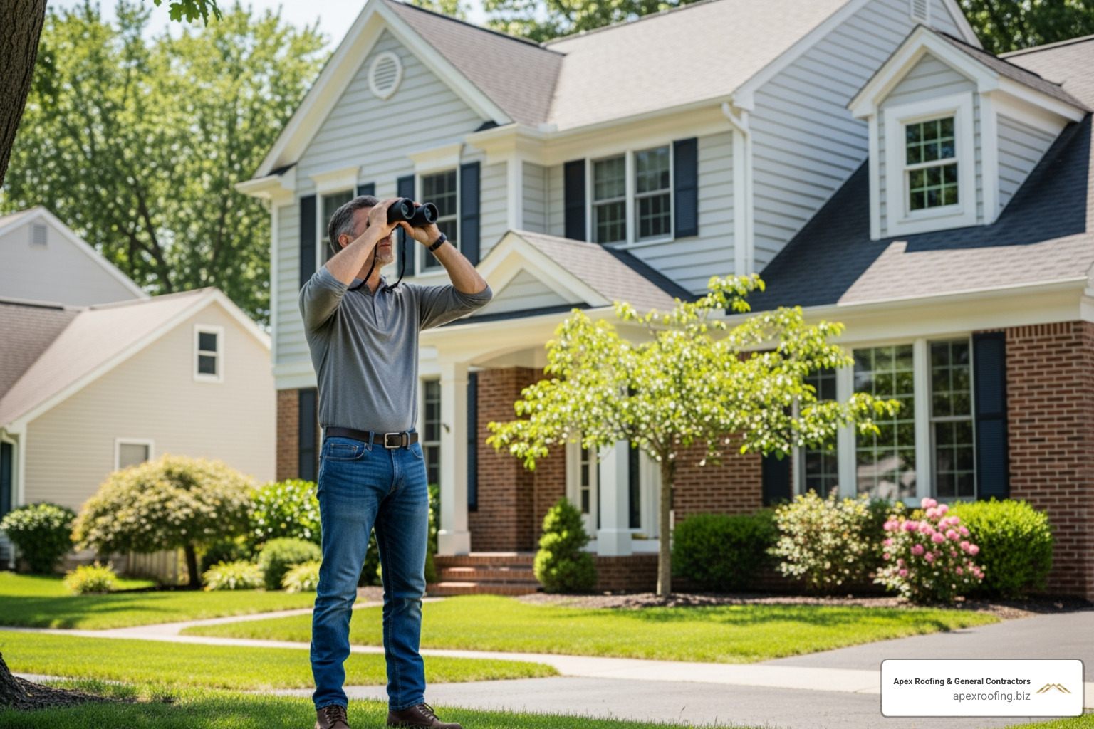 person safely inspecting a roof with binoculars - how to repair blown off roof shingles person safely inspecting a roof with binoculars - how to repair blown off roof shingles
