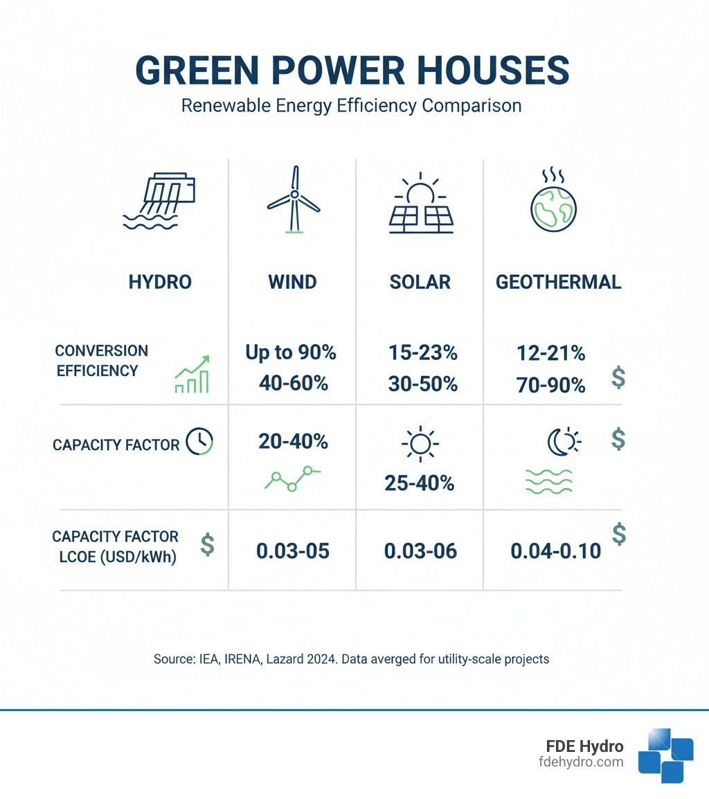 Infographic comparing conversion efficiency (percentage of energy converted), capacity factor (percentage of time at full output), and LCOE (cost per kilowatt-hour) for wind, solar, hydro, and geothermal energy sources - what renewable energy resource is the most efficient infographic 